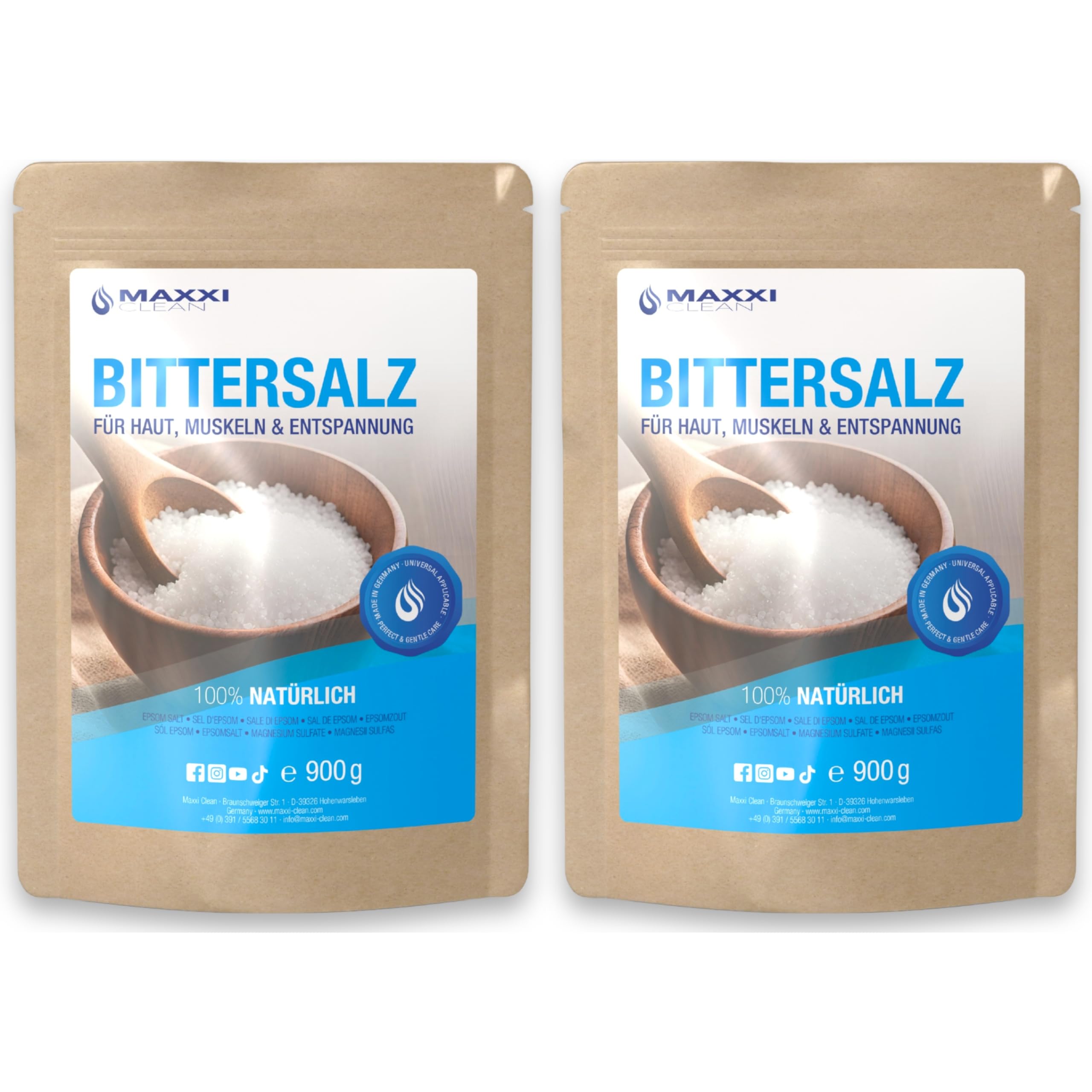 Maxxi Clean | 2x 900 g hochreines Bittersalz | Badesalz für Wellness & Körperpeeling | Epsom Salt Made in Germany | pure Entspannung für Muskeln, Haut und Seele | Magnesium geeignet zur Gartenpflege