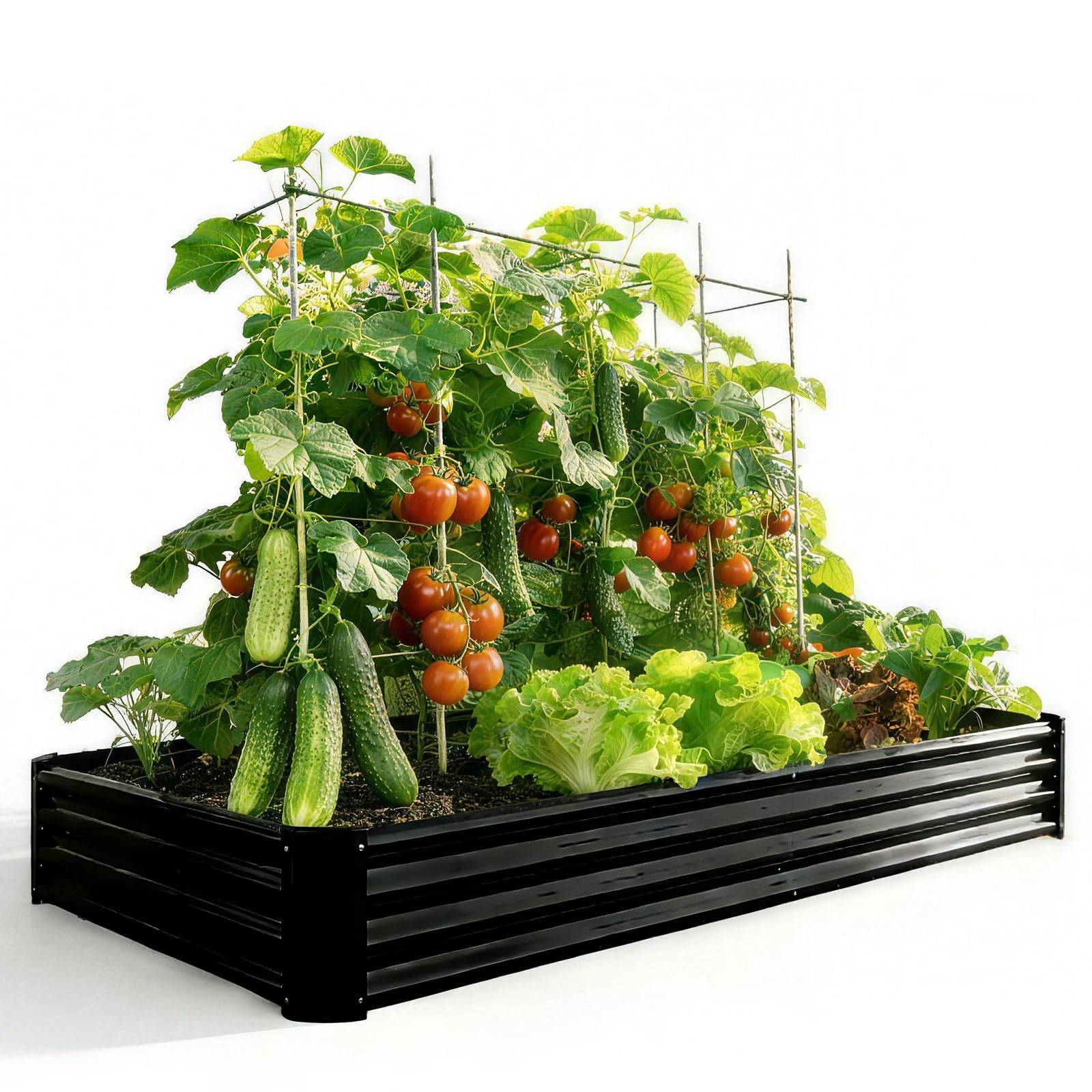 Set di aiuole rialzate in metallo zincato, per giardino, 232 x 113 x 30 cm, set di aiuole rialzate per verdure, fiori grassi, erbe aromatiche, aiuole e vaschetta per piante, rettangolare, nero