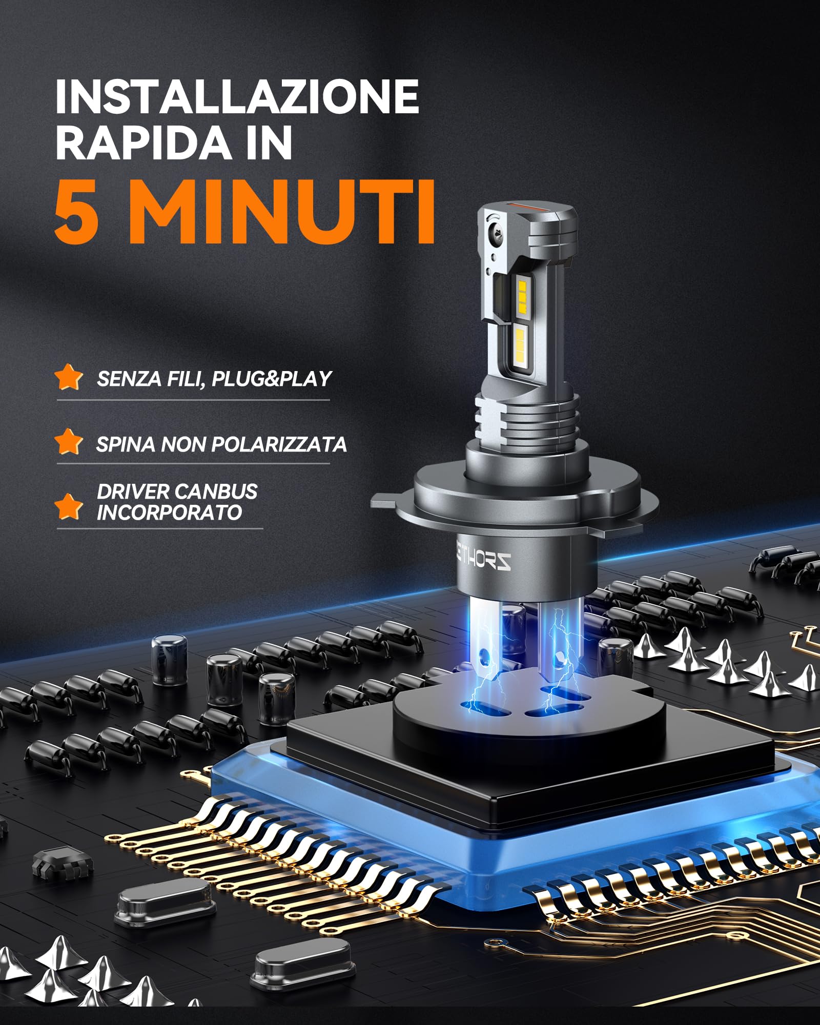 Zethors Lampadine LED H4 Auto, 2Pcs Fari H4 LED Canbus 50W 16000LM 6000K H4/9003/HB2 Luce Abbagliante e Anabbagliante, Sostituzione dei Alogena,Plug and Play,Impermeabile IP68,senza Ventola