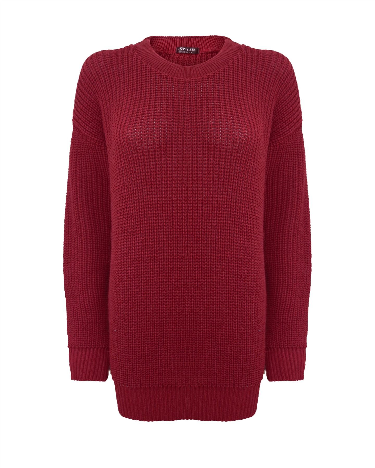 New Ladies Women Oversized Long Sleeve Knitted Baggy Jumper Sweater Crew Neck Pullover Top[Wine,LXL]