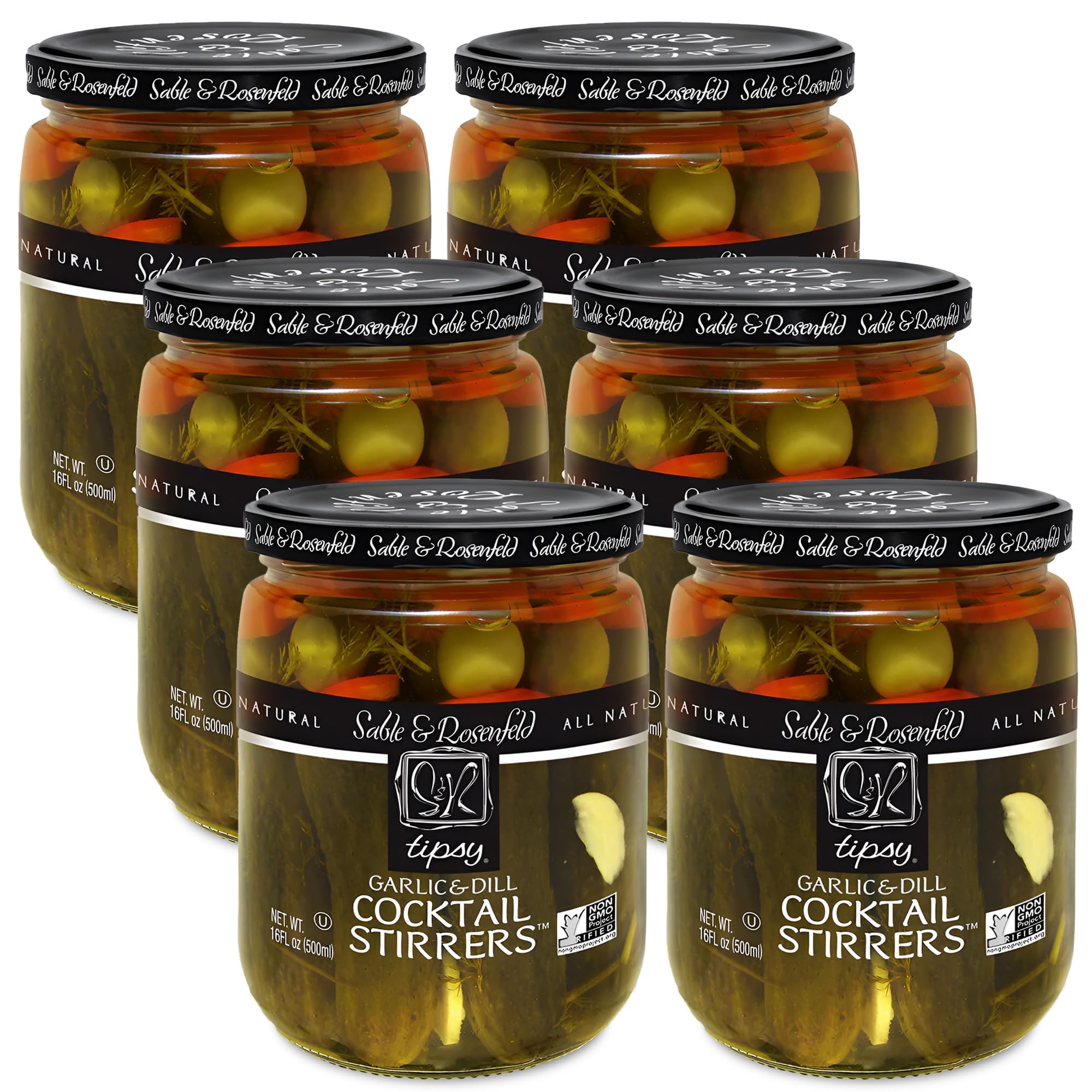 Garlic and Dill Cocktail Stirrers - Pickles, Green Olives, Red Bell Peppers, Carrots Pickled Vegetables for Cocktail Garnish, Martinis, Bloody Mary Condiments - Sable and Rosenfeld, 16 Fl oz (Pack 6)