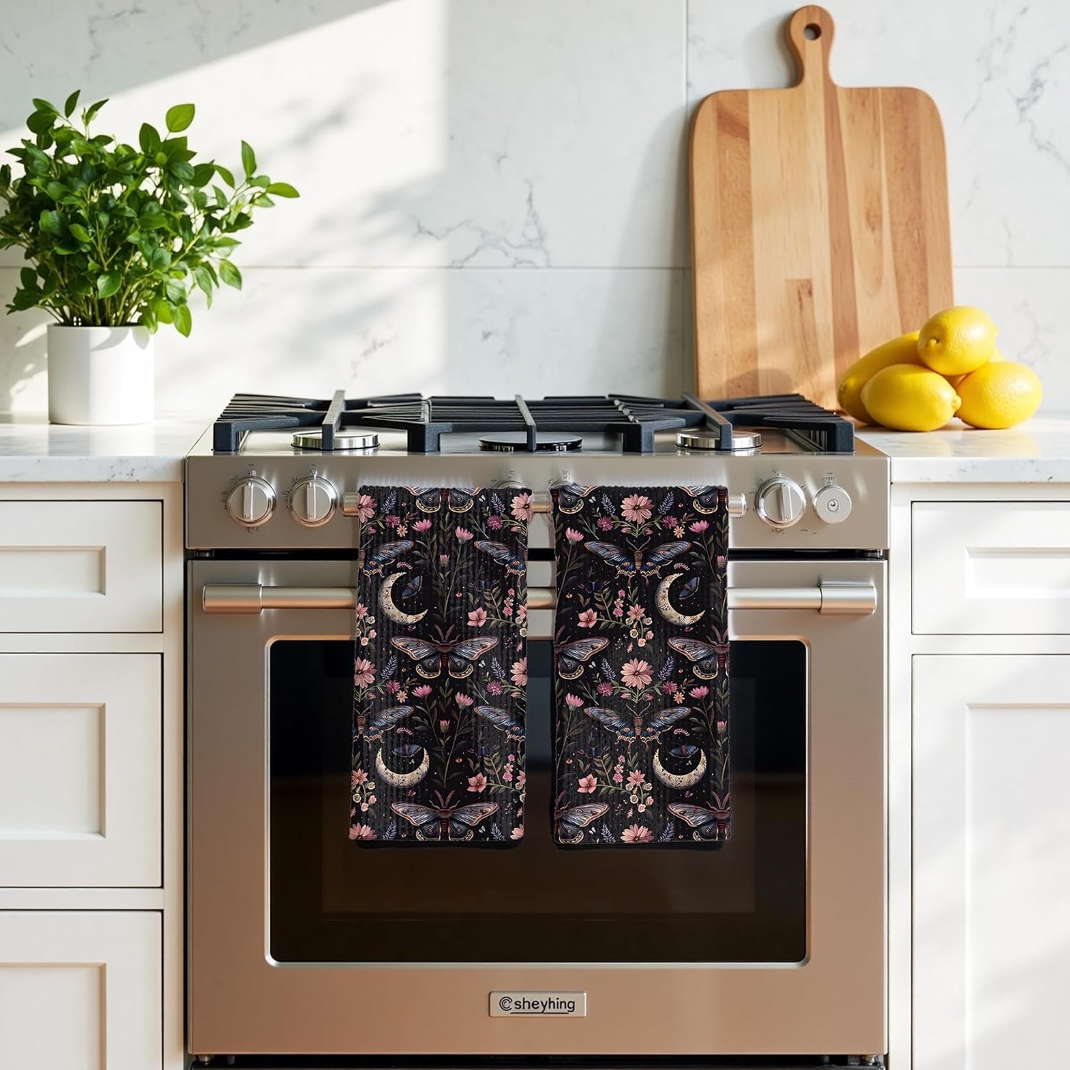 Gothic Moth Butterfly Kitchen Bathroom Towels Set of 2, Dark Academia Witchy Moon Celestial Towel, Gothic Witchy Home Room Decor Aesthetic, Dark Cottagecore Decor，16x24 - Image 2