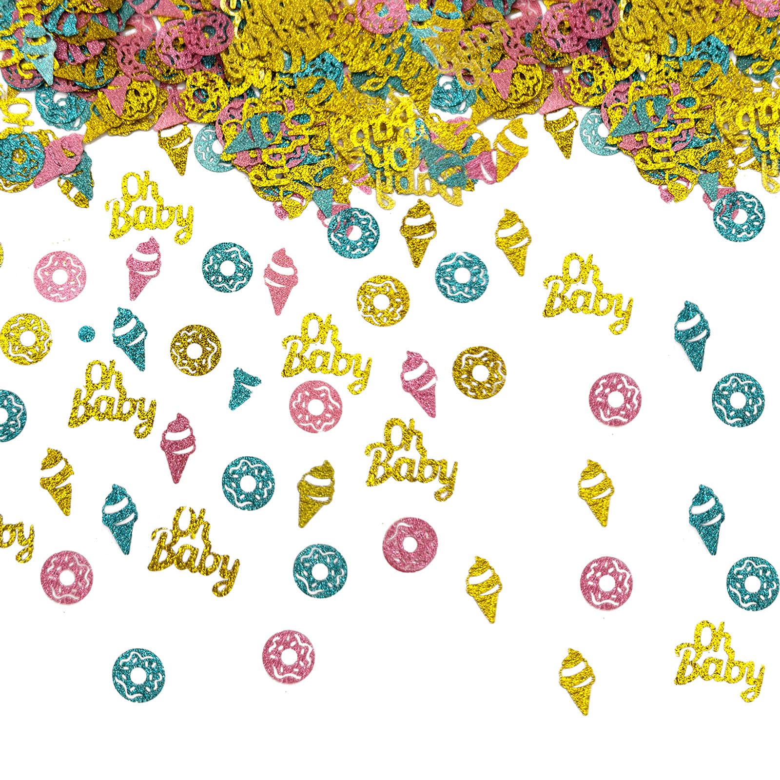 Gender Reveal Konfetti für Tischdekorationen, glitzernde rosa blaue Oh Baby Pailletten Metallic Folie Donut Eiscreme Tischkonfetti für Babyparty Geburtstag Party Supplies
