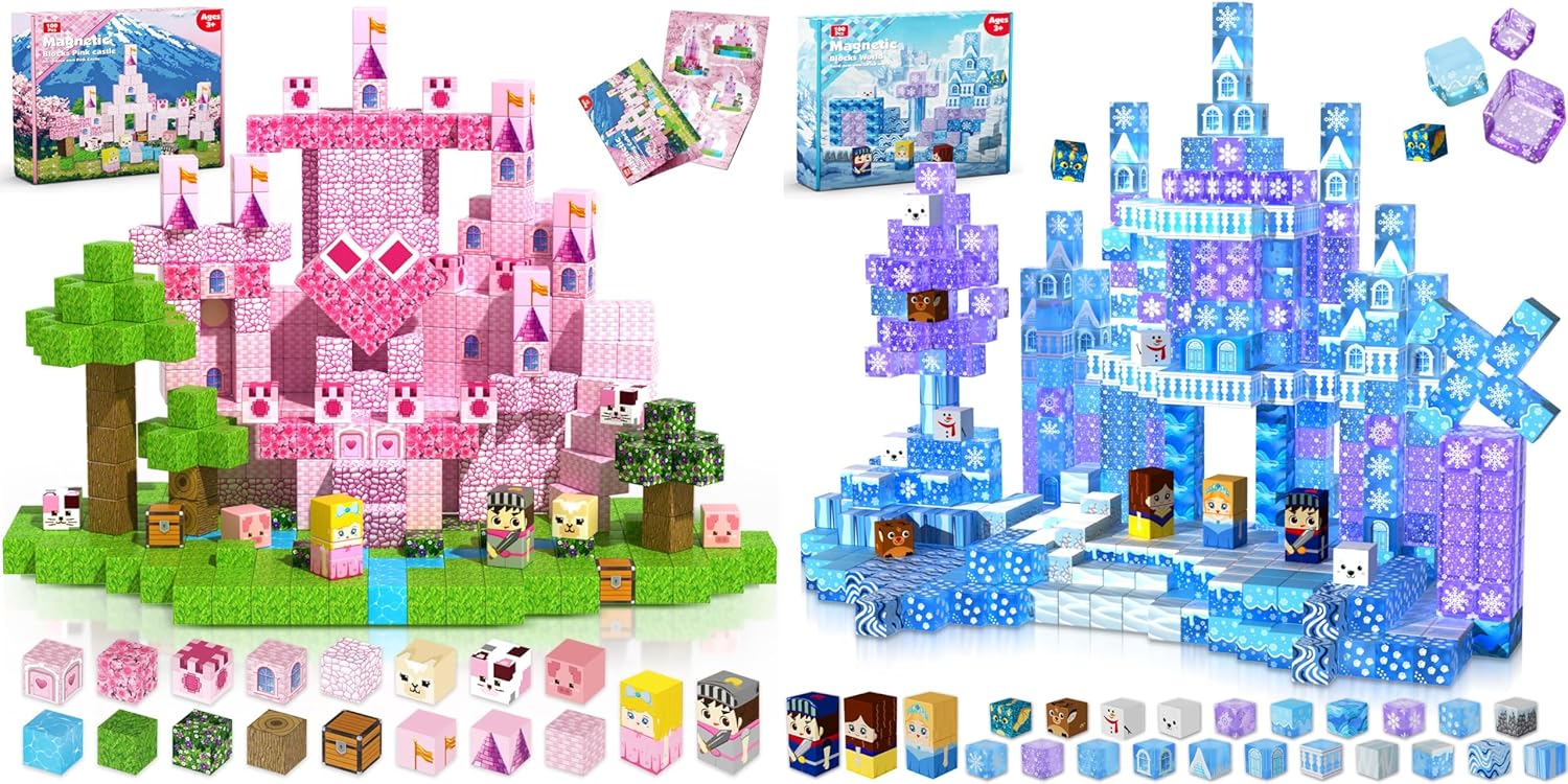 200 PCS Magnetic Blocks for Building Blue & Pink Castle
