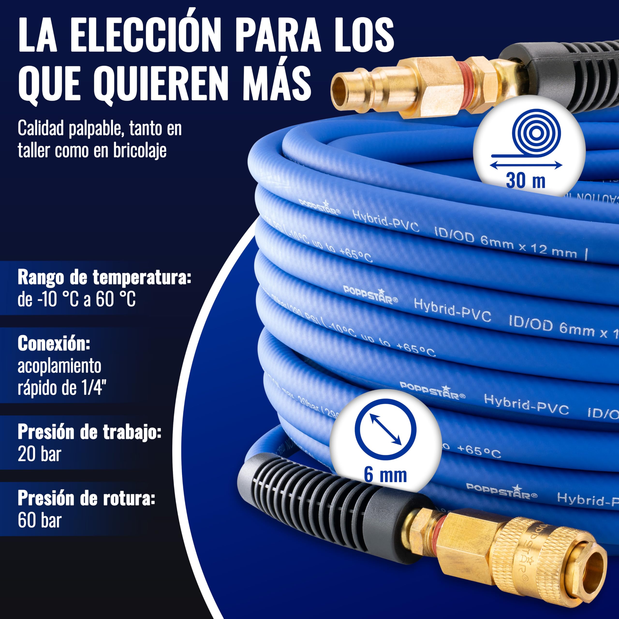 Poppstar Manguera para aire comprimido de PVC híbrido 30 m, diámetro interior 6 mm, conexión rápida de latón 1/4", 20 bar, azul