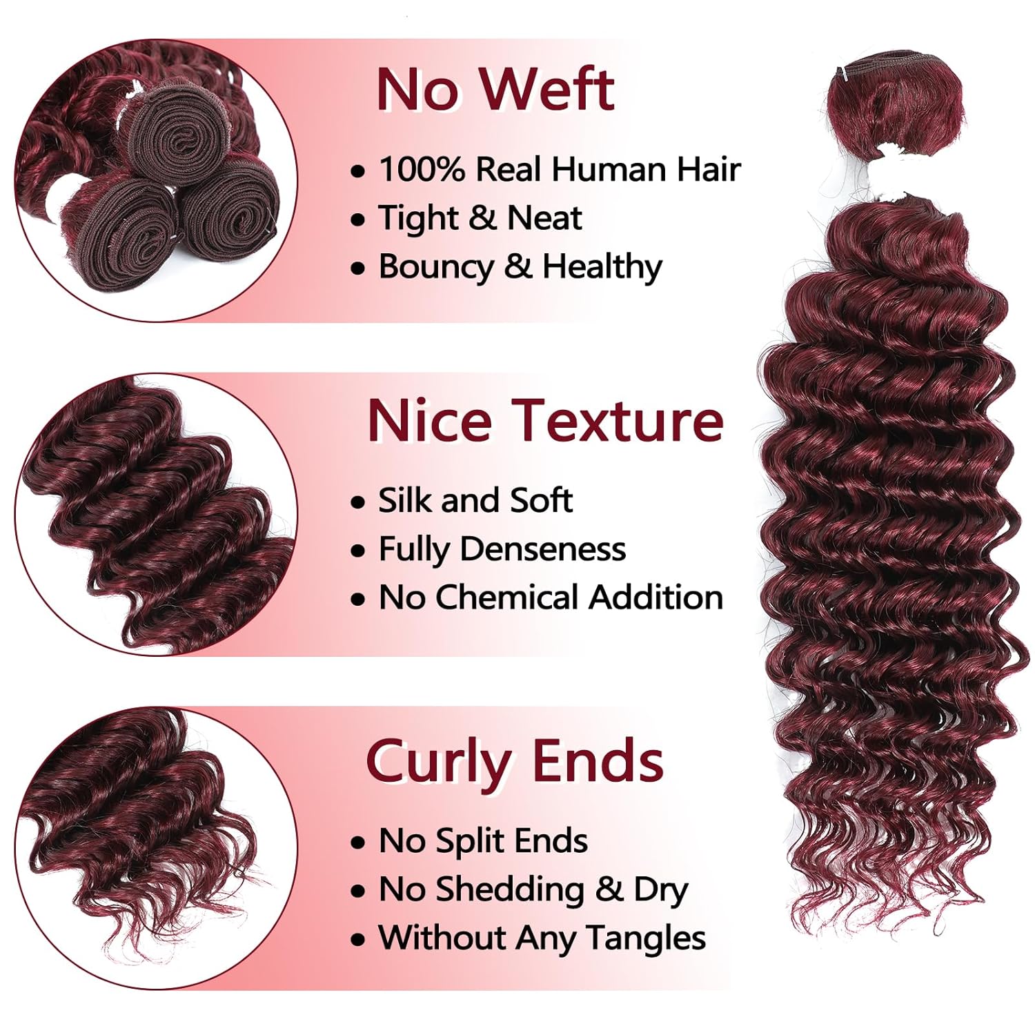 REMY HAIR FASHION Human Hair Bundles Red Deep Wave Bundles Colored #99j Burgundy Deep Weave One Bundle 16 Inch Brazilian Virgin Human Hair Extensions for Black White Women