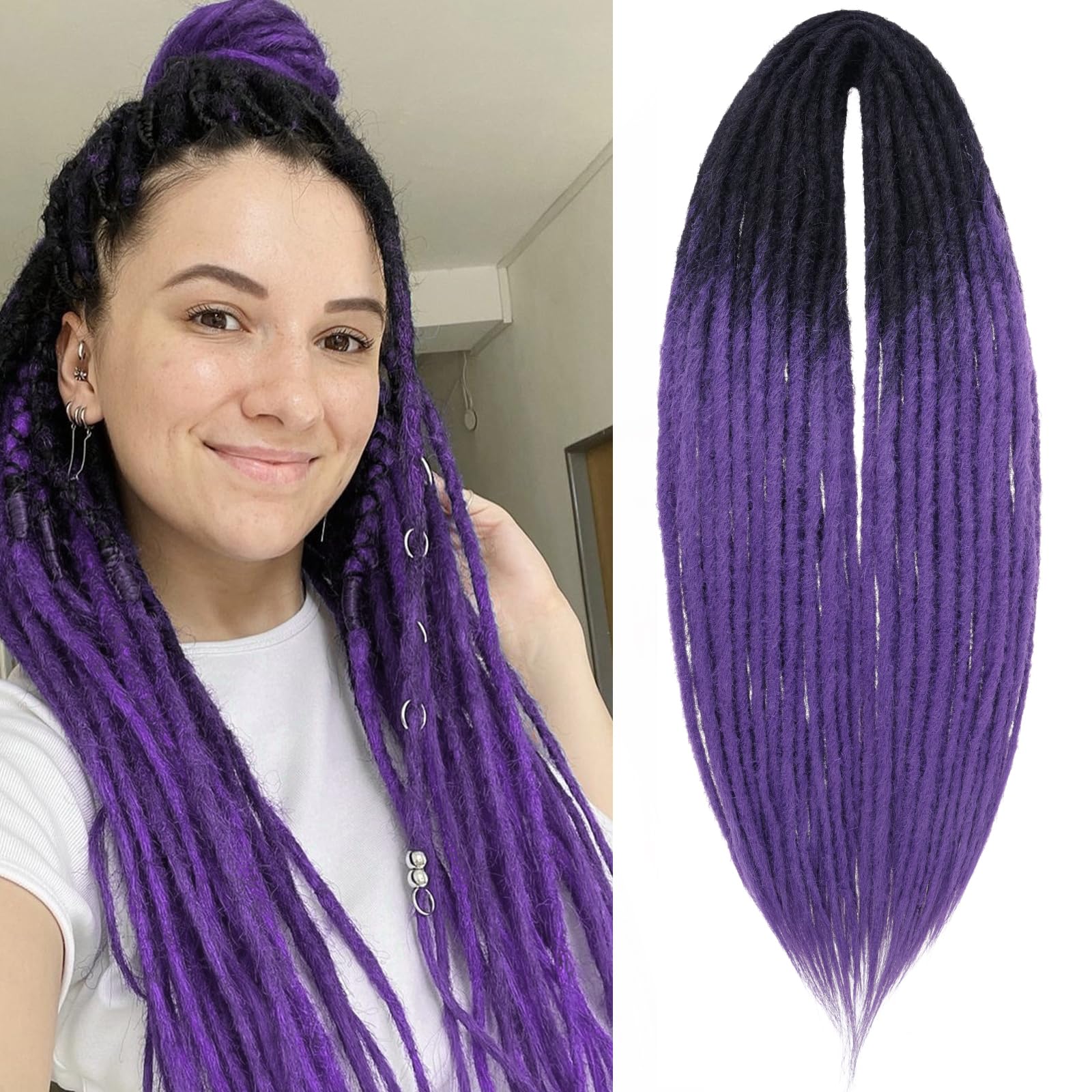 Leeven 30 Strands Synthetic Double Ended Dreadlock Extensions 24 Inch Black to Purple Full Set DE Dreads Handmade 0.6 cm width Reggae Style Hippe