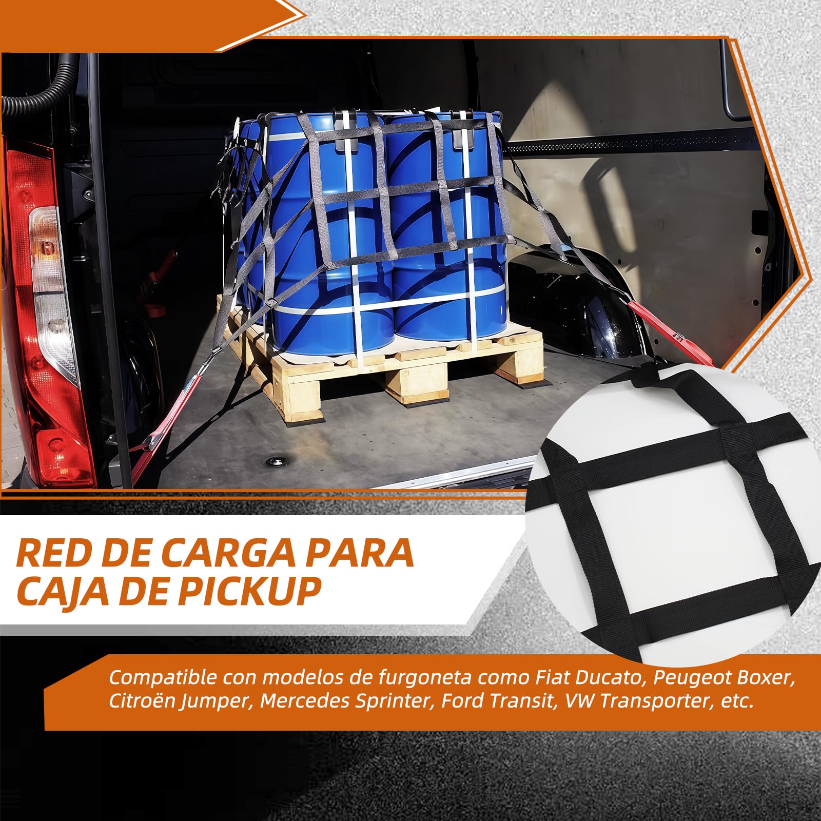 Red de carga con 4 correas ajustables para asegurar la carga en remolques de camionetas. Apto para furgonetas, Ducato, Boxer, Jumper, Opel Movano, Ford Transit, Mercedes-Benz