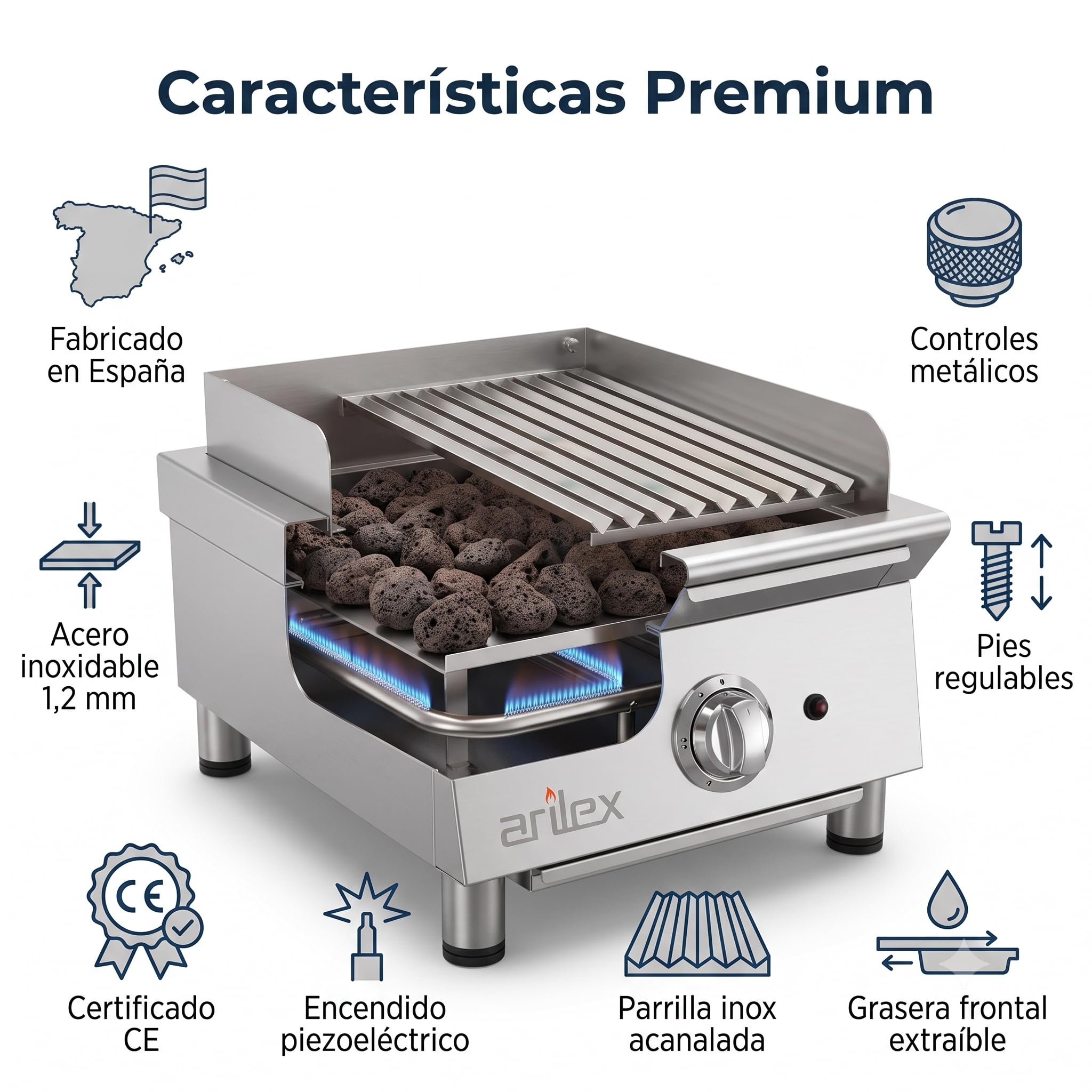 Parrilla Vasca a Gas Profesional 40 cm con Piedra Volcánica, 2 Quemadores, Parrilla de Acero Inoxidable Regulable en 3 Alturas, 5,5 kW, 40VASN