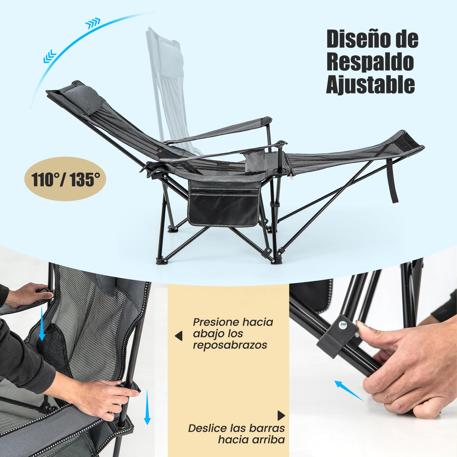 COSTWAY Silla Plegable Camping, Silla de Acampada Portátil 2 en 1, Reposapiés Desmontable, Respaldo Ajustable, Portavasos y Reposacabezas, Bolsa De Almacenamiento, Silla Camping Pesca, Picnics (Gris)