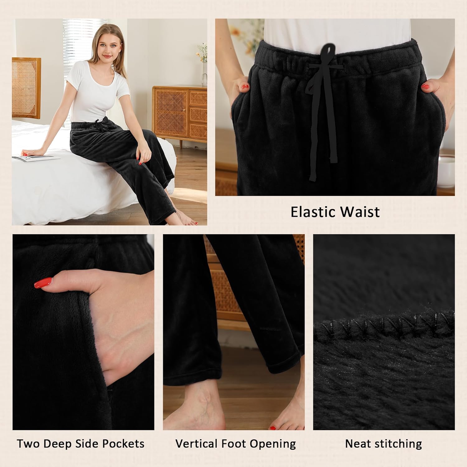 LYCY Womens Fleece Pajama Pants, Drawstring Lounge Pjs Plush Bottoms Warm Sleepwear with Pockets Comfy Winter - Image 3