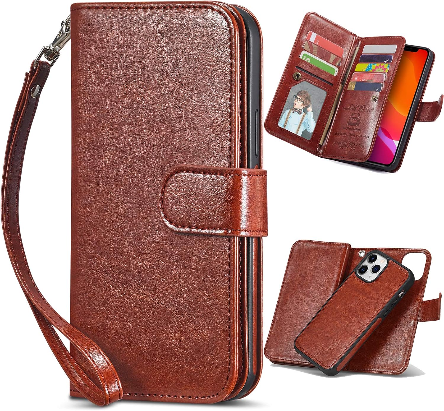 XRPow Case Compatible with iPhone 12 Mini [2 in 1] Magnetic Detachable Wallet Case [PU Leather] Folio Flip [9 Card Slot] [Wrist Strap] Durable Protection Back Cover for iPhone 12 Mini 5.4" Brown