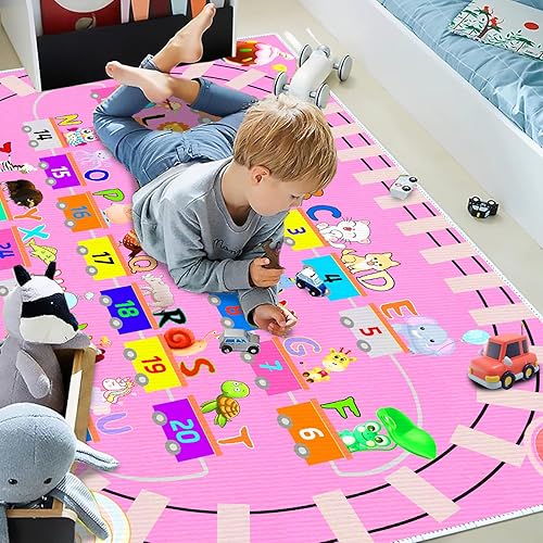 Miniatura 2 de DoRlPIeY Alfombra de juego ABC para niños, alfombra de juego rosa con números de tren de animales y formas de carretera, alfombra educativa para