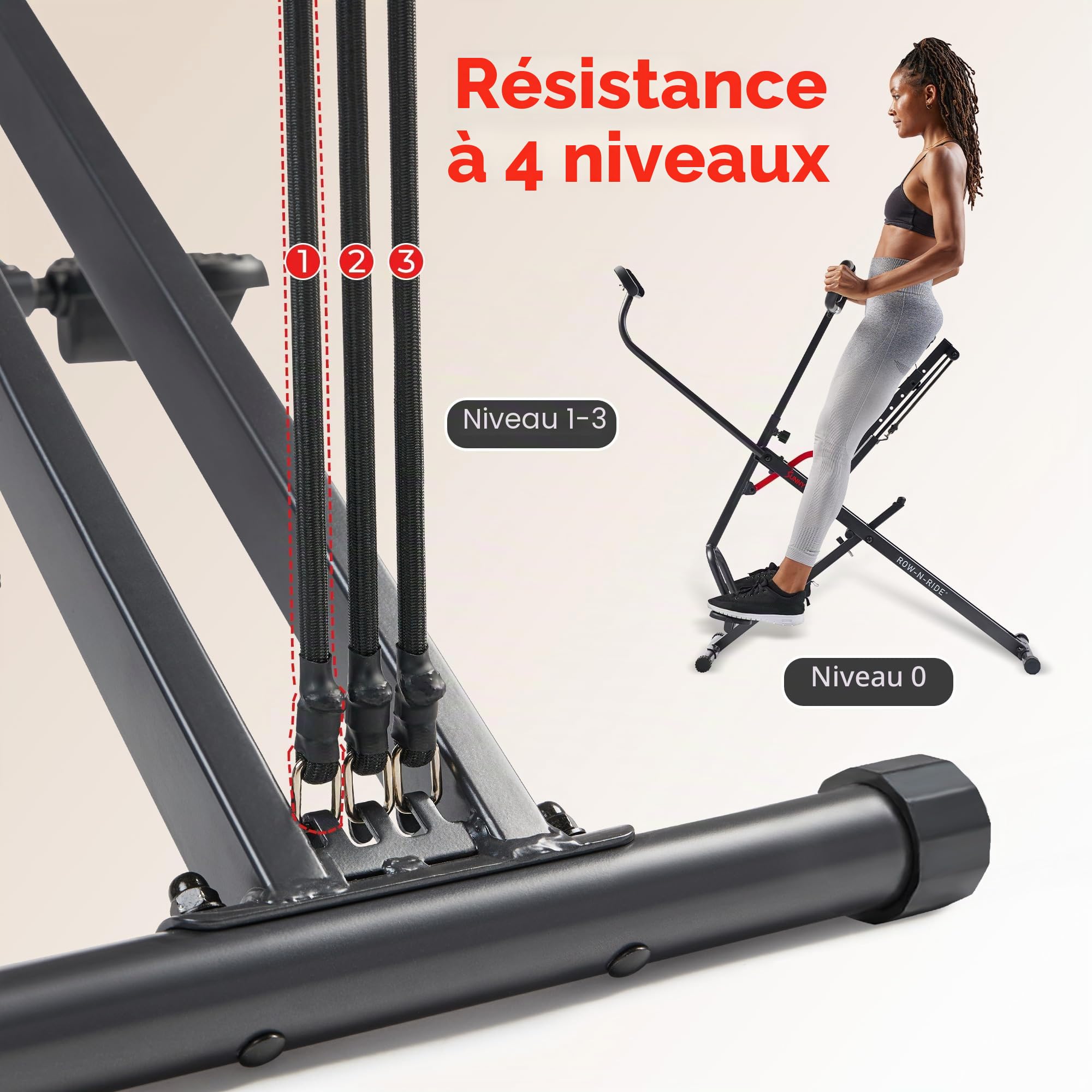 Sunny Health & Fitness Row-N-Ride Connecté Corps Entier avec Tablette | 4 Résistances, Entraînement Fessiers et Jambes, App SunnyFit, 150 kg Charge, 3 Profondeurs de Squat
