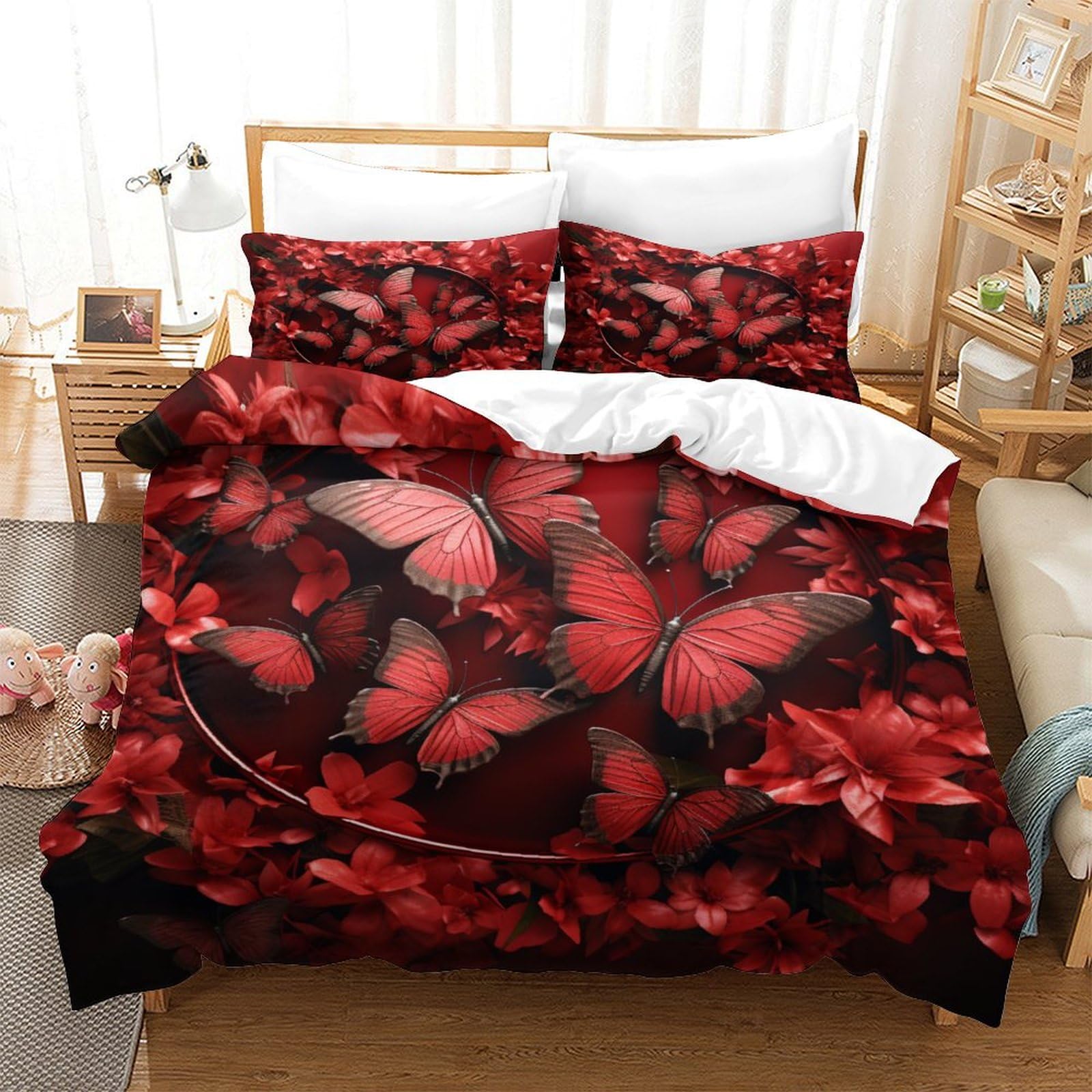 Housse de couette 140x200 papillons rouges avec parure de lit microfibre 3 pièces lit 1 personne
