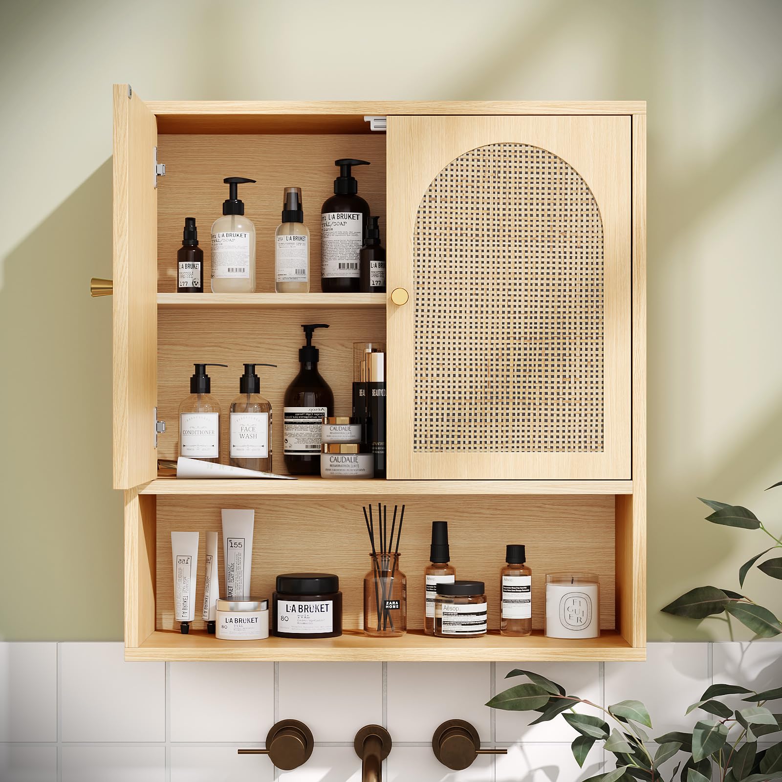 Bonnlo Badezimmerschrank Hängend, Hängeschrank Bad, Badezimmer Hängeschrank, Badschrank Hängend, Wandschrank mit 2 Türen & 3-stufig Verstellbarer Ablage & offenes Ablagefach, 58x20x62cm, Ratten