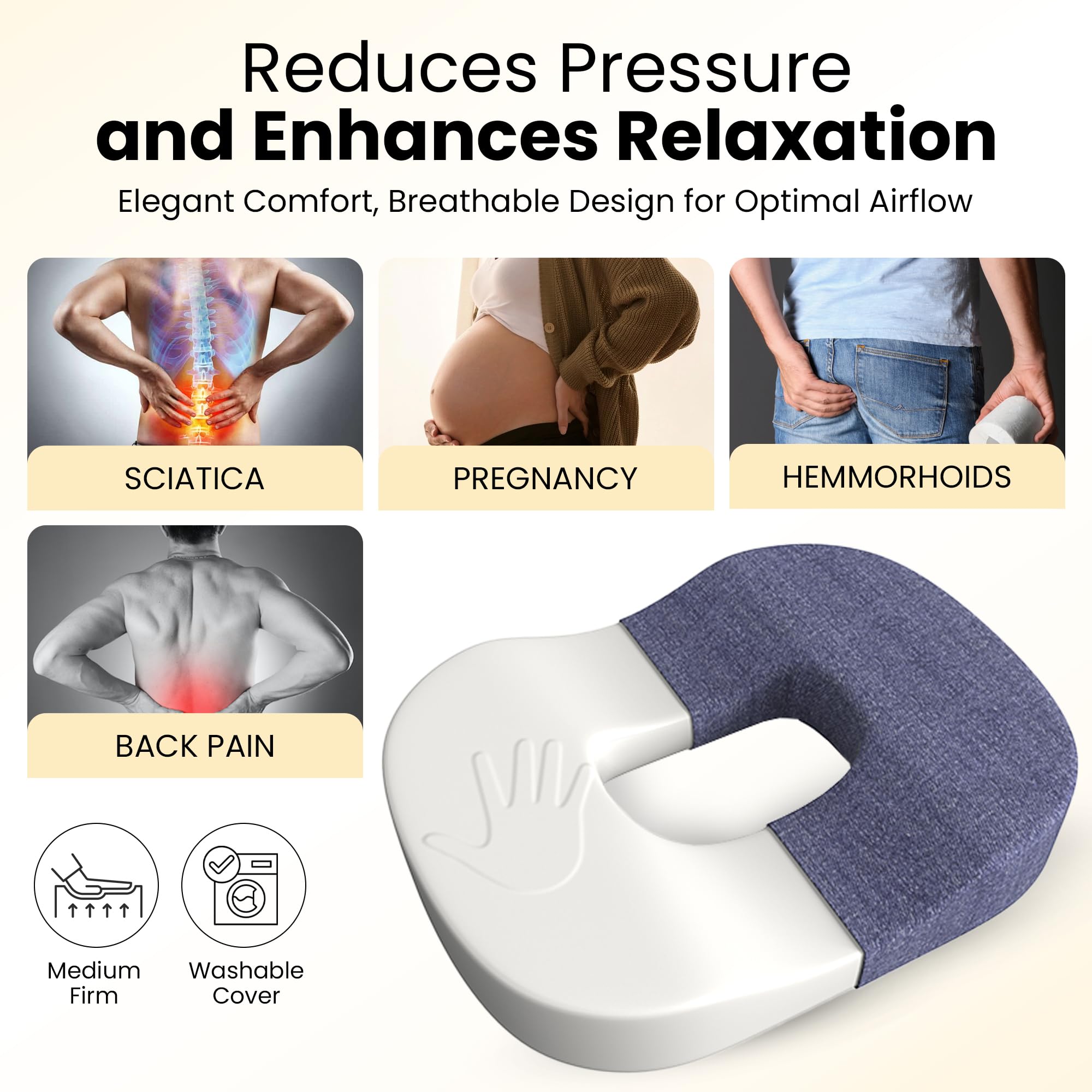 CareFoam Memory Foam Donut Pillow for Tailbone Pain-Coccyx Seat Cushion for Chair-Hemorrhoid & Piles Pillow | Orthopedic Coccyx Ring Pillow | 18 x 14 x 3 Inch | Premium Blue Washable Outer Cover - Image 4 thumbnail