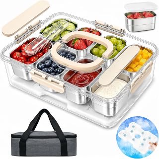 Snackle Box Container, Snackle Box with Ice Pack, 304 Stainless Steel Snack Box, Snack Box with Insulated Bag and 2 Forks, Divided Serving Tray with Lid for Beach, Road Trip, Boat Days, Pool Party