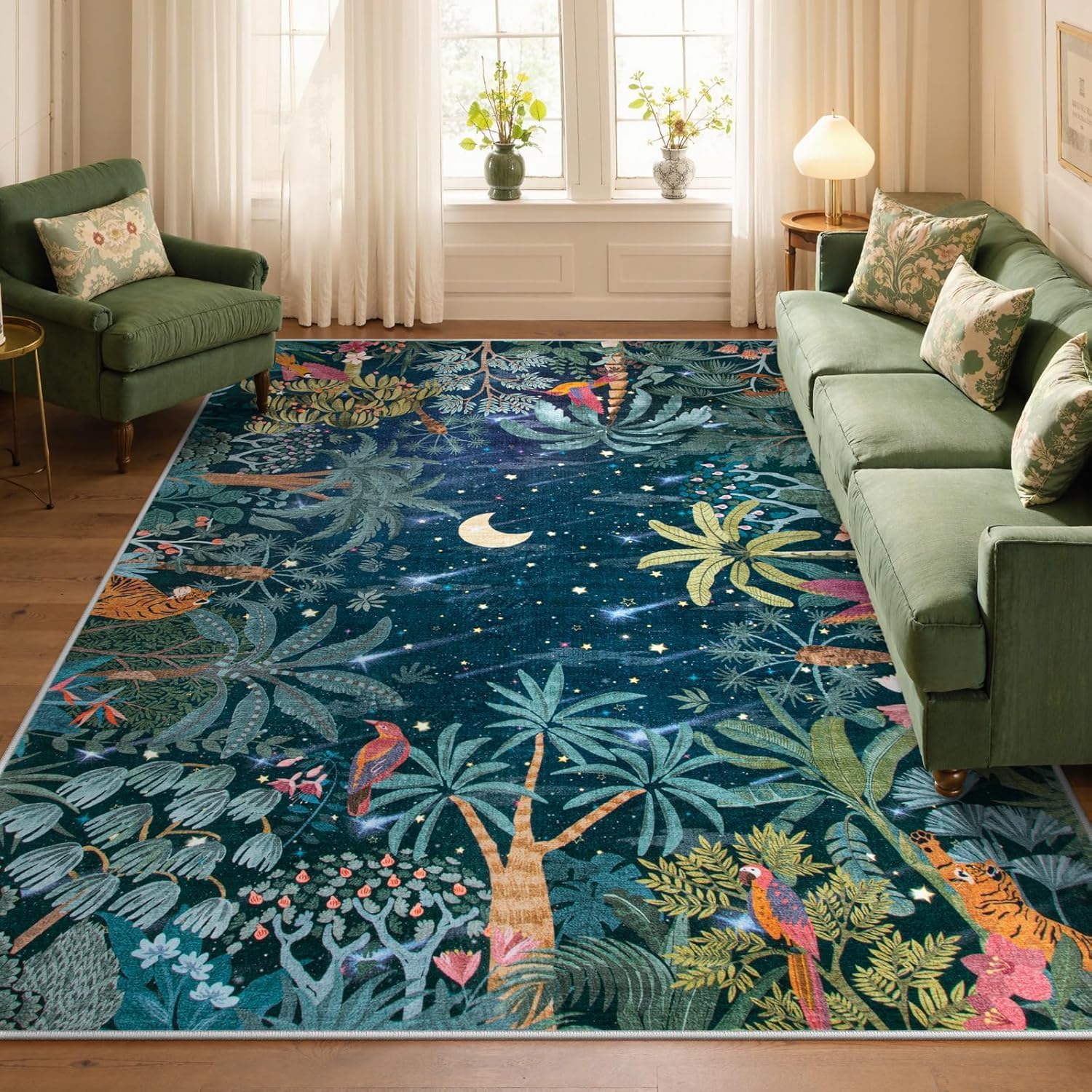 Tropical Jungle Carpet, 100x150cm, Midnight Starry Sky Meteor Forest Green Botanical Bird Tiger Animals Area Rug, Cozy Machine Washable Boho Large Rugs for Living Room Kitchen Foyer
