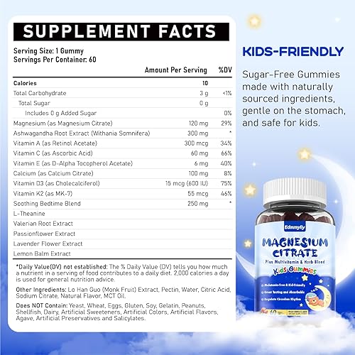 Miniatura 2 de Gomitas de magnesio para niños mayores de 4 años  Suplemento de citrato de magnesio sin azúcar con L-teanina, calcio y vitamina A, C, D3 y K2  Apoya