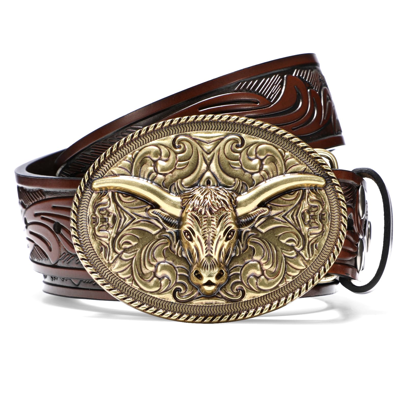 SANSTHS Western Cowboy Belts for Men Women, Mens Western Belt Bull Buckle Country Belt Cowboy Leather Belt for Jeans