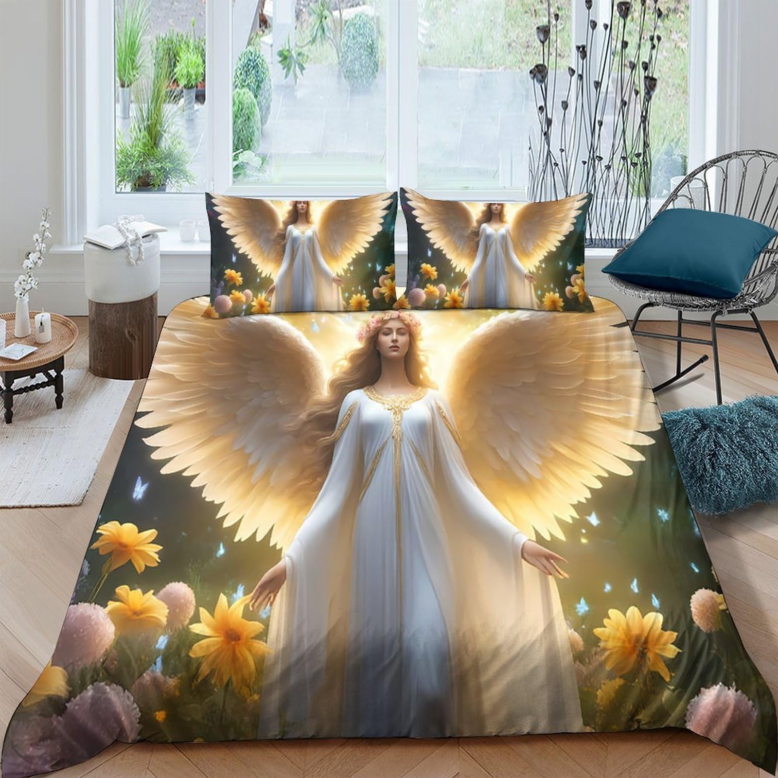 Ctjqhvkz Style-4 3D Printed Angel Wings Fitted Sheet Microfiber Glowing Sunflower Bed Cover For Bedroom Guest Room Easy Care Decor Single（135X200cm）