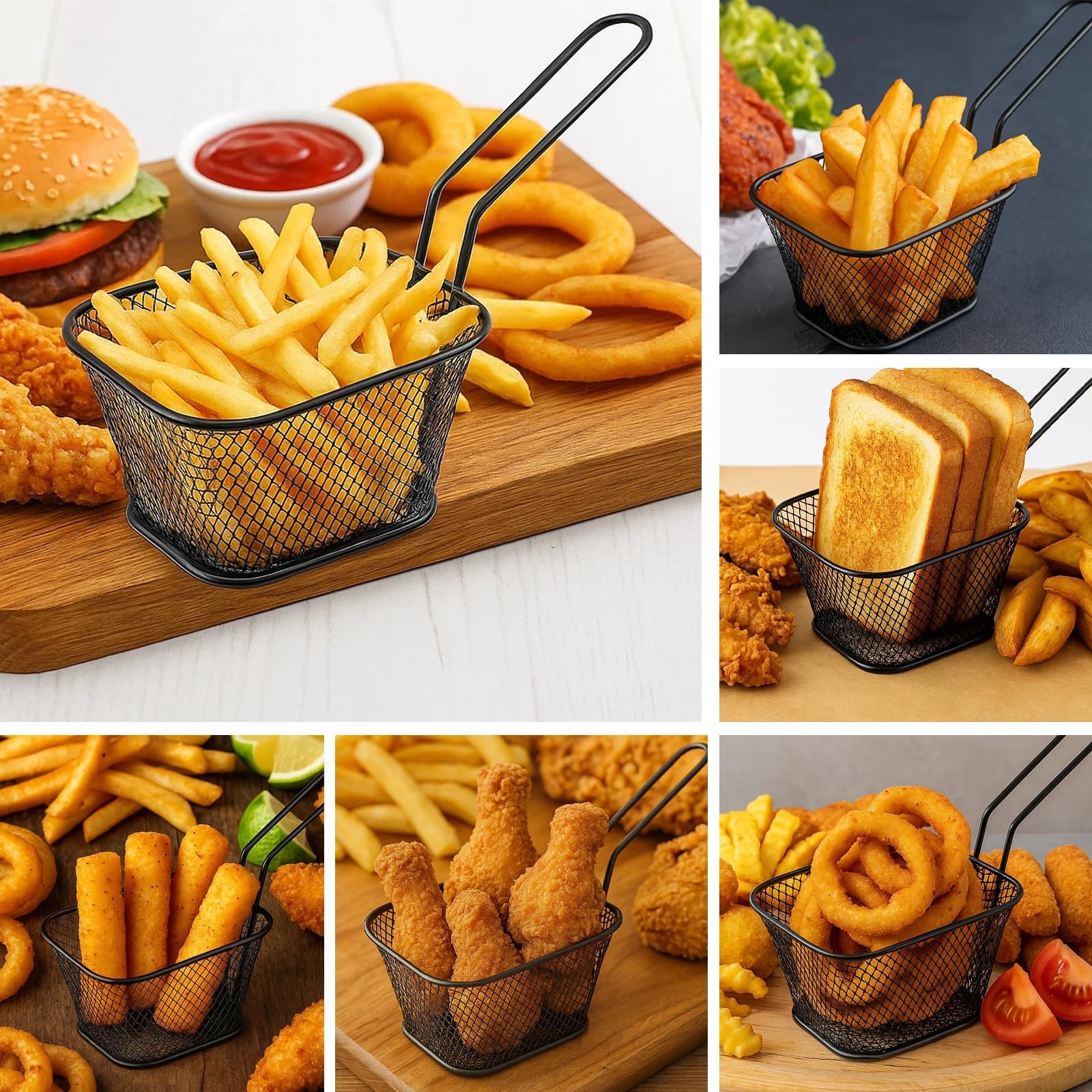 4 cestini per patatine, in acciaio inox, colore nero, ideali per friggere e servire patatine fritte e snack, durevoli e versatili