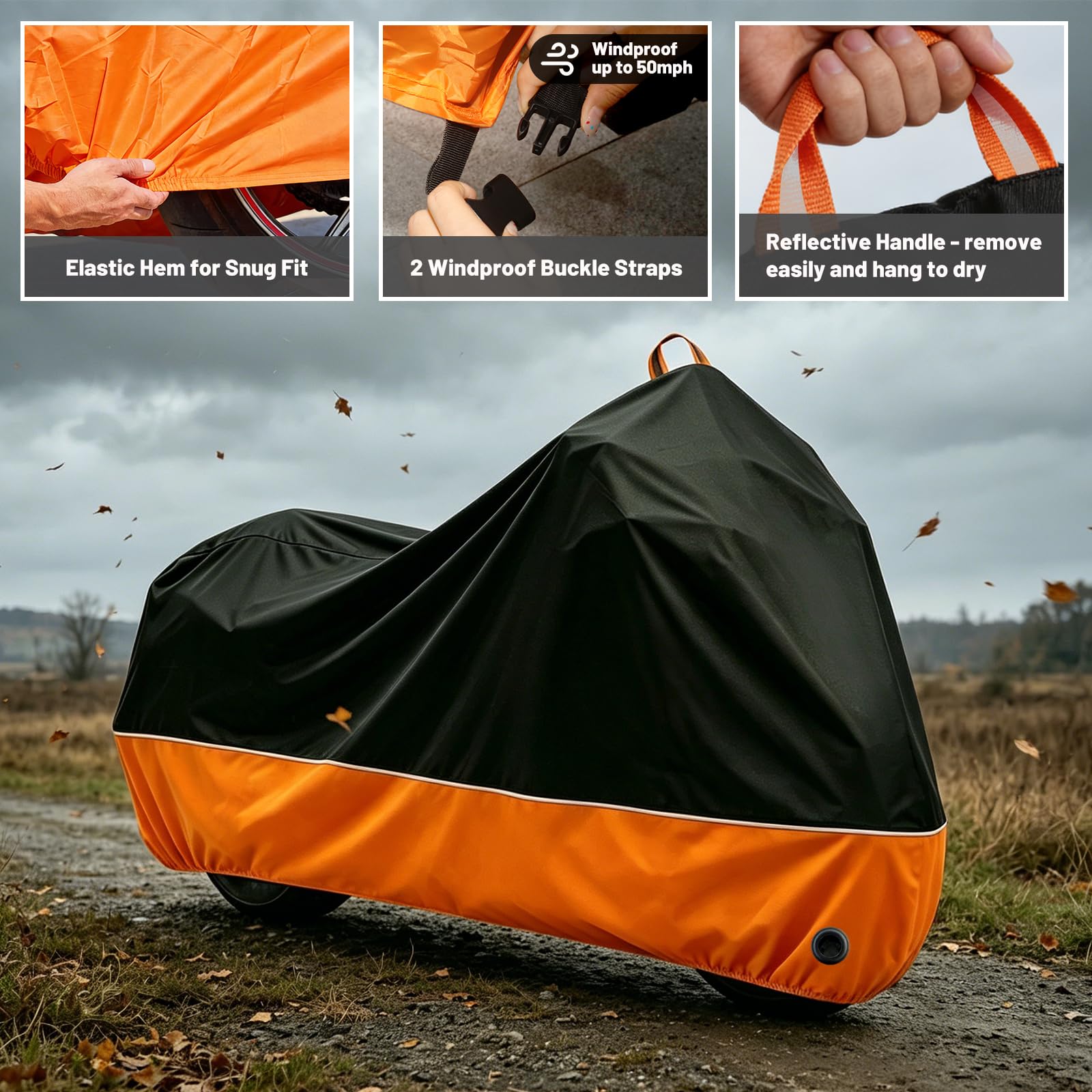 Funda Impermeable para Motocicleta Harley Davison, Honda, Suzuki, Kawasaki, Yamaha y más (tamaño XL) para Todas Las Estaciones, Color Negro y Naranja