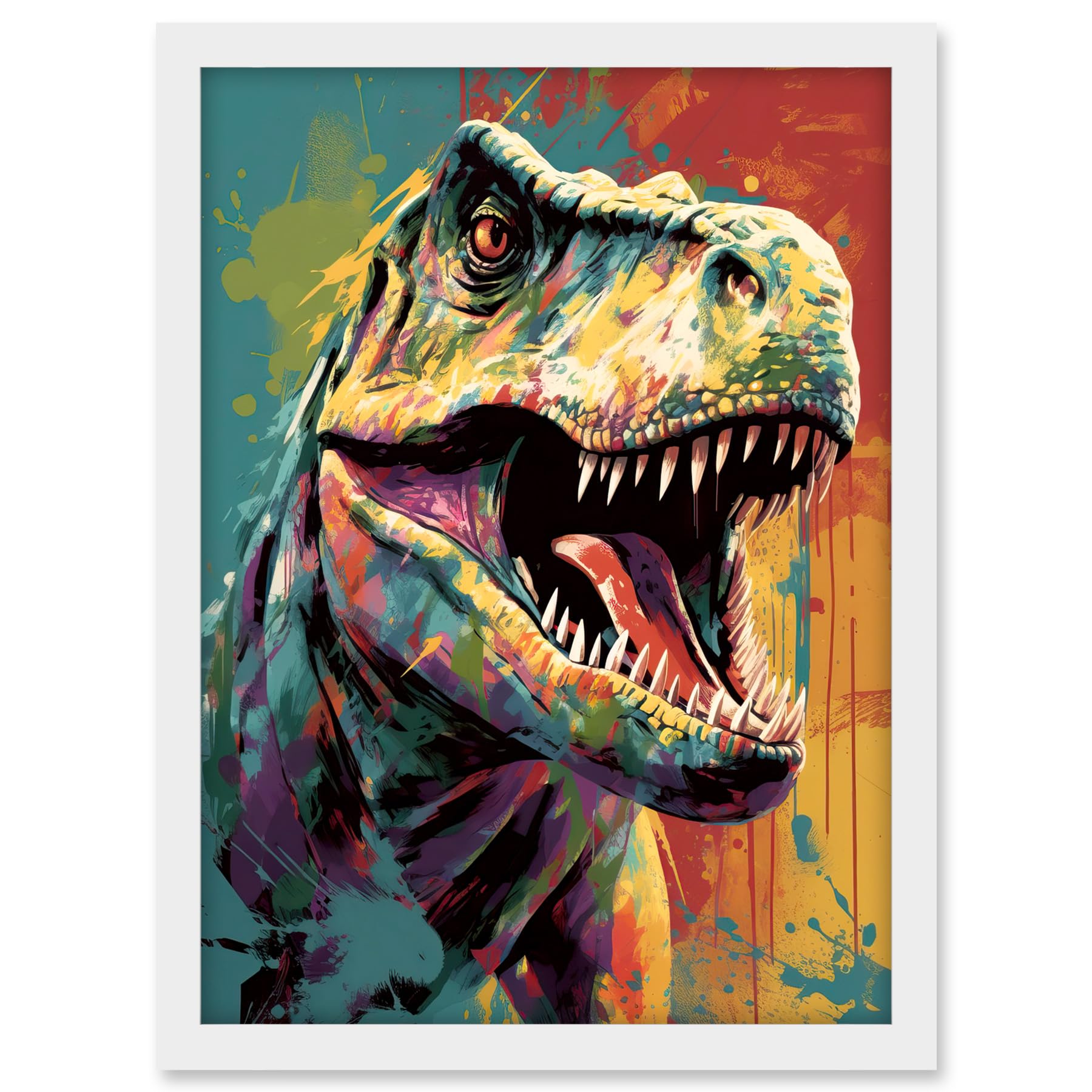 Artery8 Roaring T-Rex Multicoloured Dinosaur Portrait Artwork Framed A3 Wall Art Print