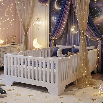 Mirightone Twin Size Floor Bed with High Fence Rails, Wooden Montessori Bed Frame with Detachable Door & Slats, Low Profile Beds for Kids, Boys and Girls, No Box Spring Needed, White