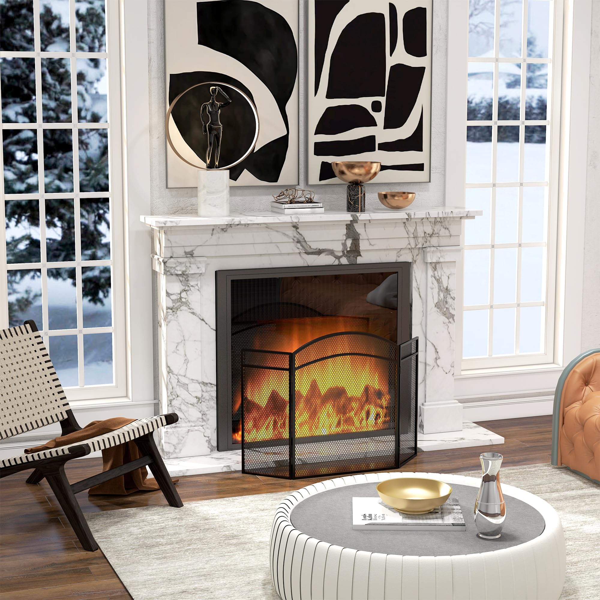 HOMCOM Pare-feu cheminée Pliable 3 Panneaux, Grille de Protection en Maille avec Motif Chevron, 96x60 cm, Métal Noir