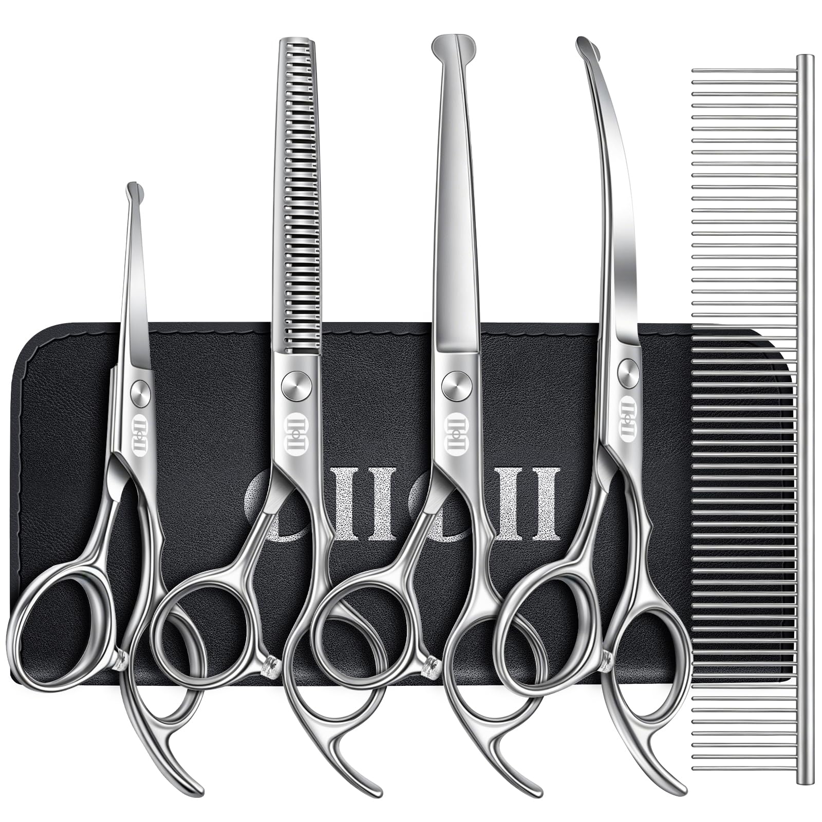 CIICII Forbici Toelettatura Cani, 7 Pollici Kit Forbici per Cani Professionali con Punta Tonda Di Sicurezza (Cane/Gatti Forbici Parrucchiere Sfoltire & Curve) per Toelettatura Gatto Animali (Argento)