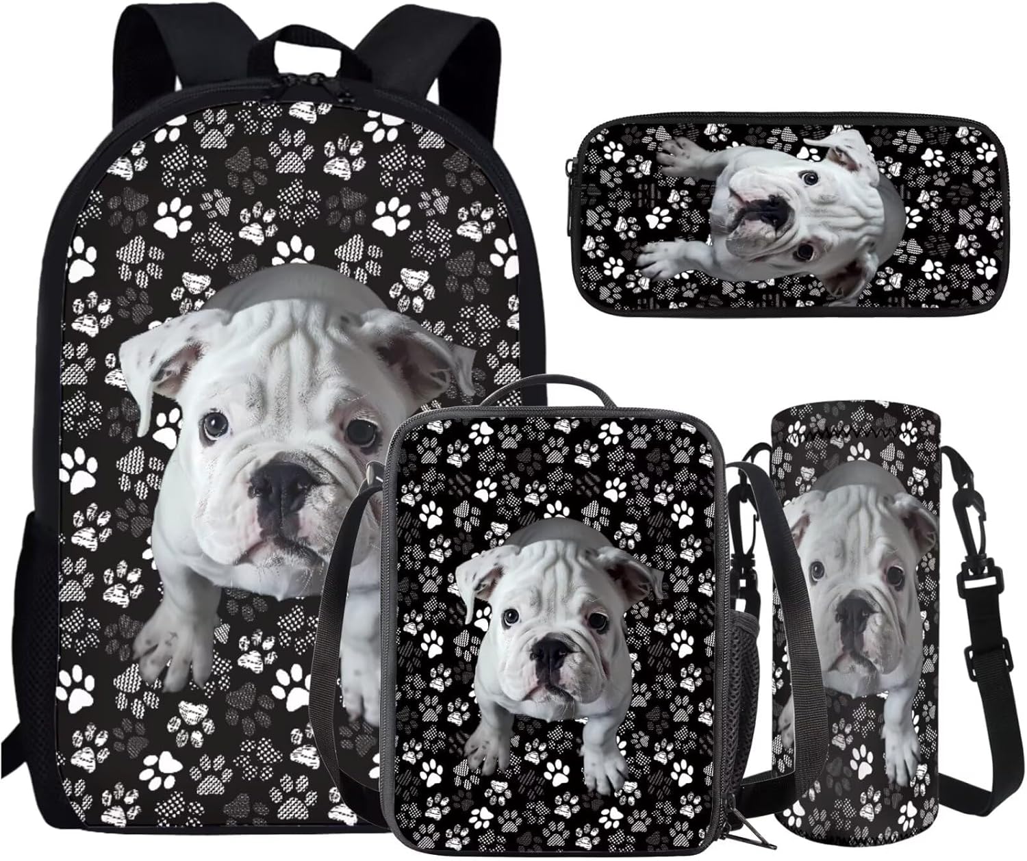 AmzPrint 4pcs French Bulldog Bookbag And Lunch Box Set For Girls Boys Kids Backpack With Lunch Bag Pencil Bag Set For School