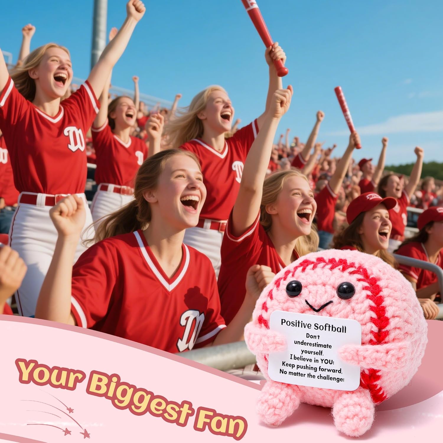 Mini Funny Positive Pink Softball Gifts for Girls, Knitted Wool Softball Crochet Toy with Positive Card, Cute Emotional Support Cheer Up Keepsake Gift for Kids Girls Women Friends Sister College