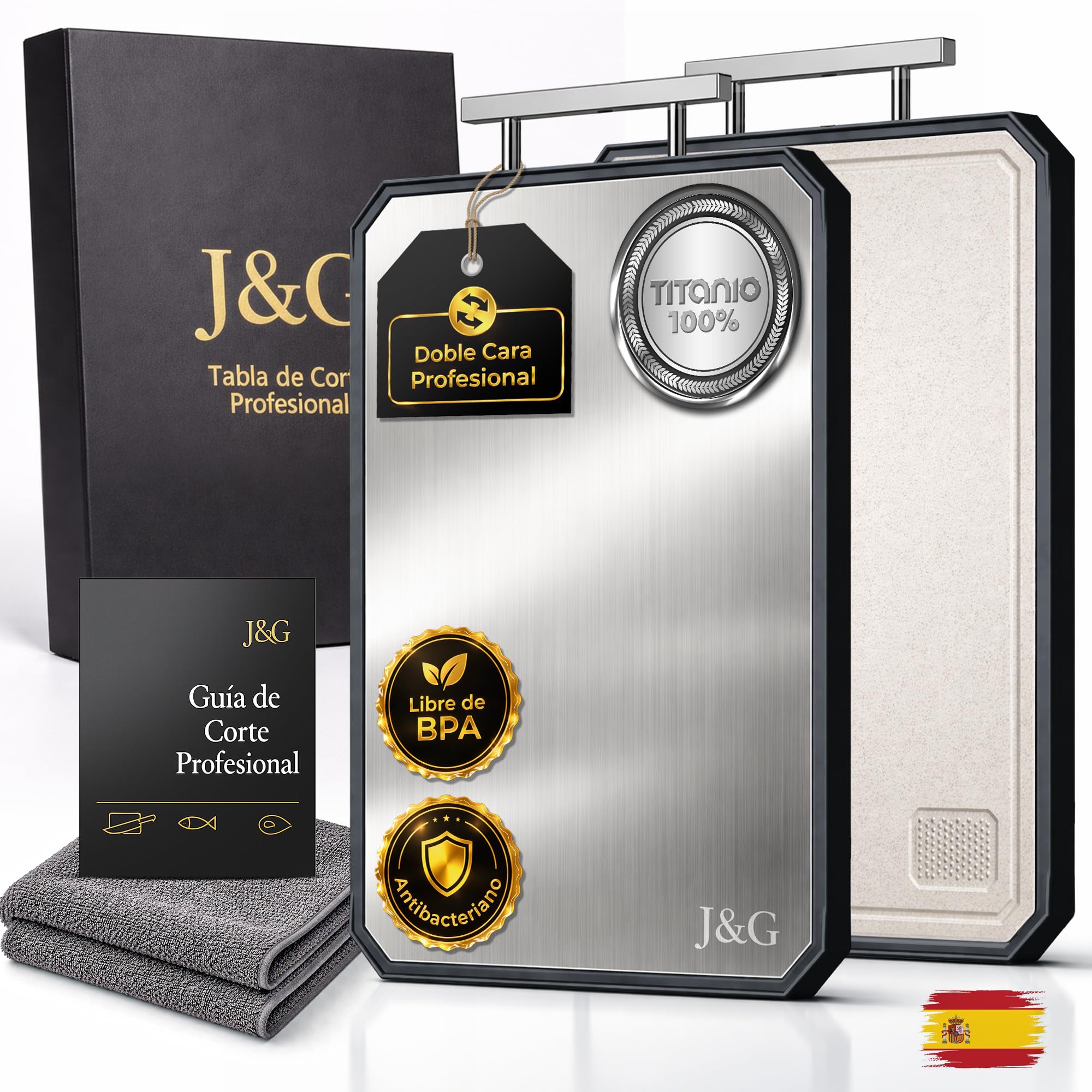J&G Tabla de Cortar de Titanio 100% Puro y Fibra de Trigo, Doble Cara, Antibacteriana Profesional, Set con Guía de Corte y Bayeta Microfibra, Libre de BPA, Certificación LFGB y SGS (39,3 x 28,2 cm)