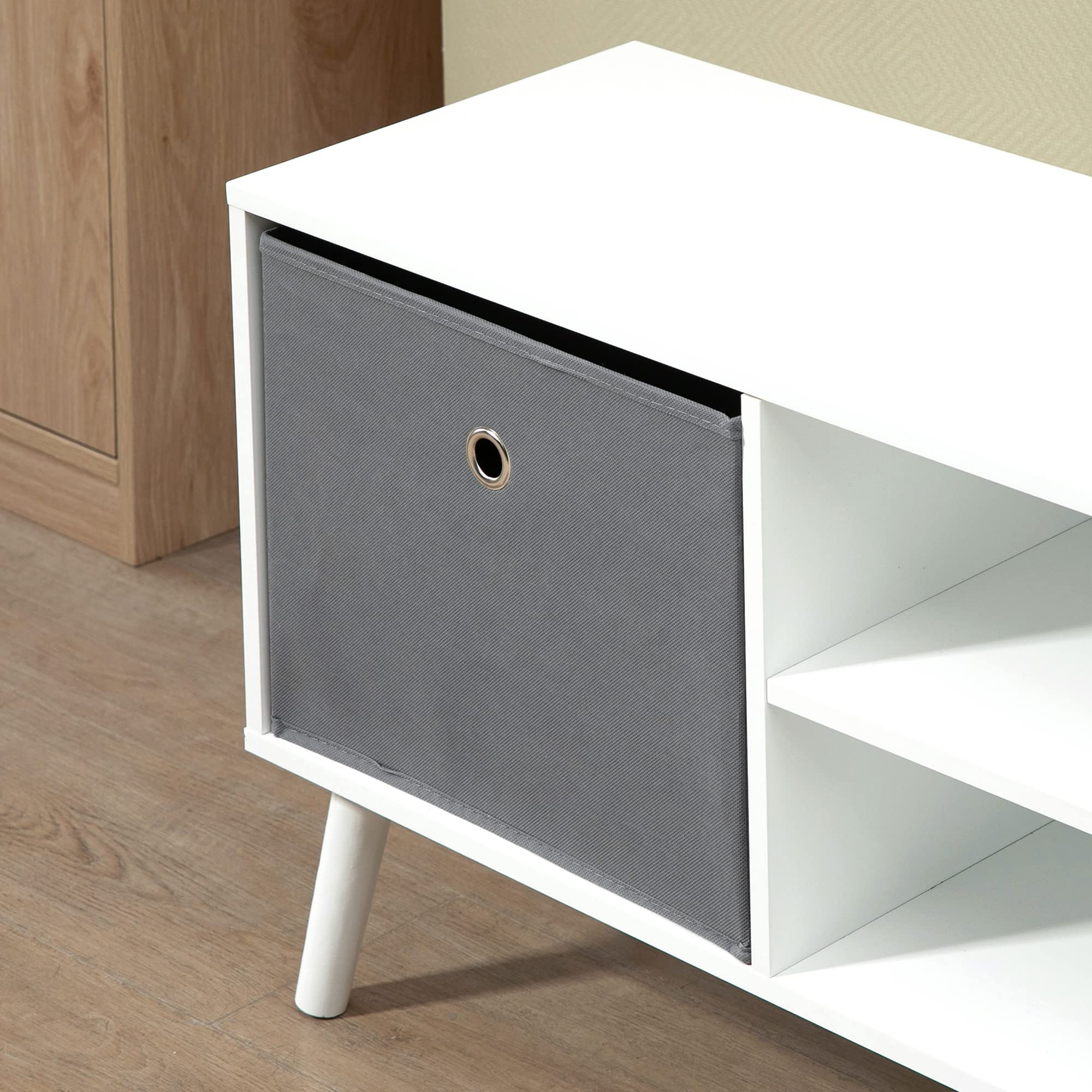 HOMCOM Mueble de TV, Mesa de TV con 2 Cajones de Tela, 2 Estantes Abiertos, Orificios para Cables, para Televisores hasta 50 Pulgadas, Largo de 110 cm, para Salón, Dormitorio, Blanco y Gris
