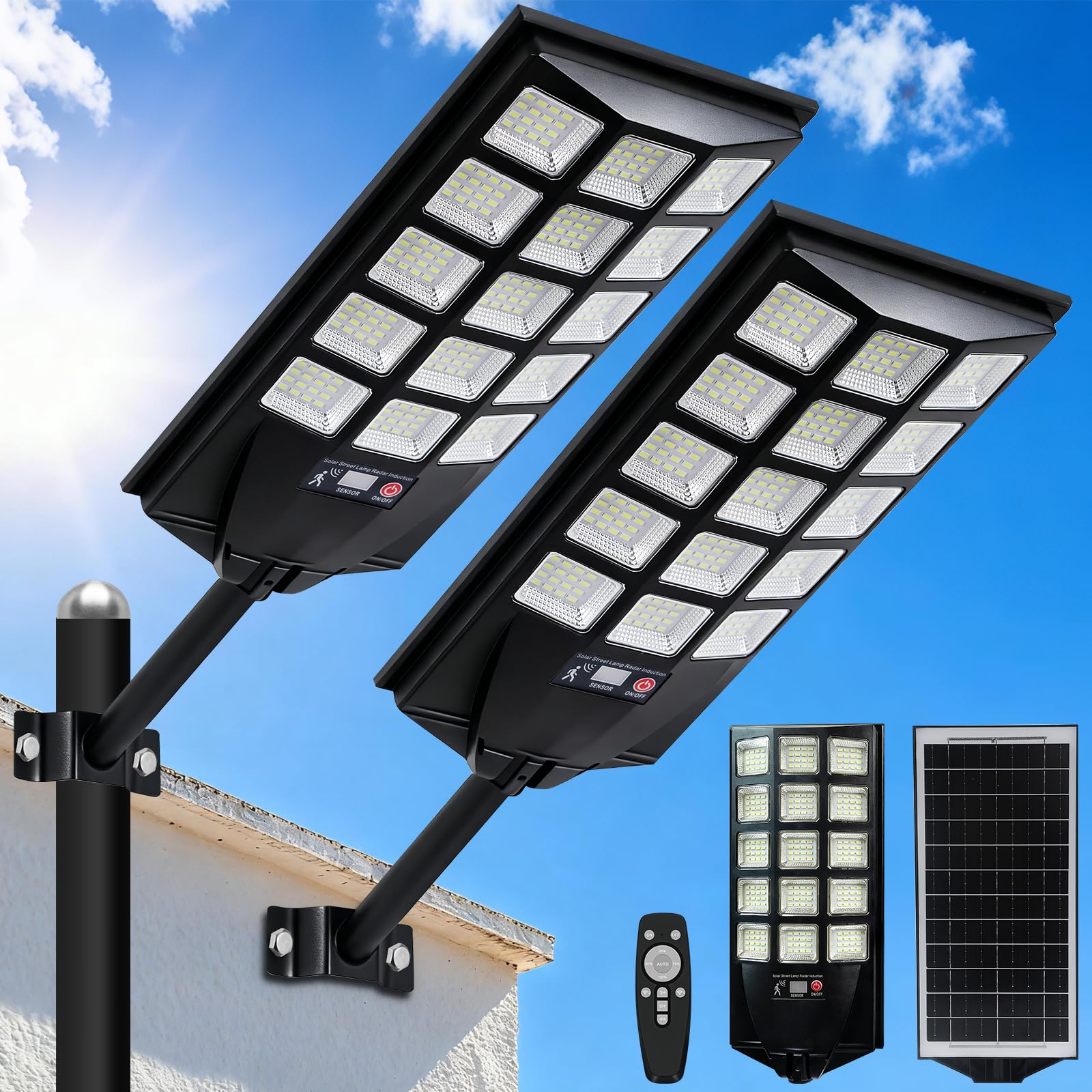 Jercoda Solar-Straßenlaternen für den Außenbereich, 6500 K LED-Flutlichter mit Bewegungsmelder, Sicherheitslichter von Dämmerung bis Morgendämmerung mit Fernbedienung, wasserdichte solarbetriebene