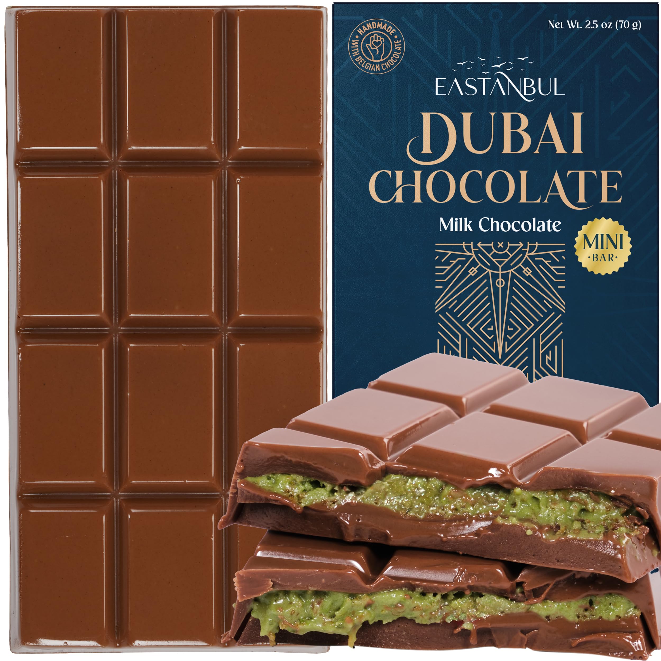 Eastanbul Dubai Chocolate Bar Pistachio, 70g Mini Treat, Pistachio Dubai Chocolate Bar, Viral Candy with Shredded Phyllo Dough, Knafeh, Gift Box, Mini Bar
