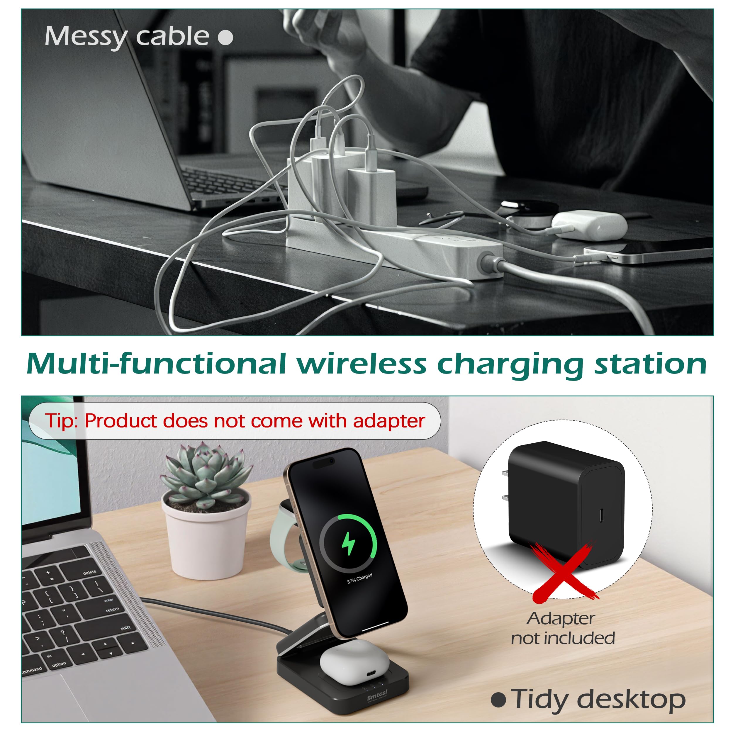 Smtcsl Stazione di ricarica wireless pieghevole 3 in 1: caricabatterie magnetico compatibile con iPhone 16 15 14 13 12 Series/Apple Watch/Airpods - Supporto pieghevole portatile per viaggi