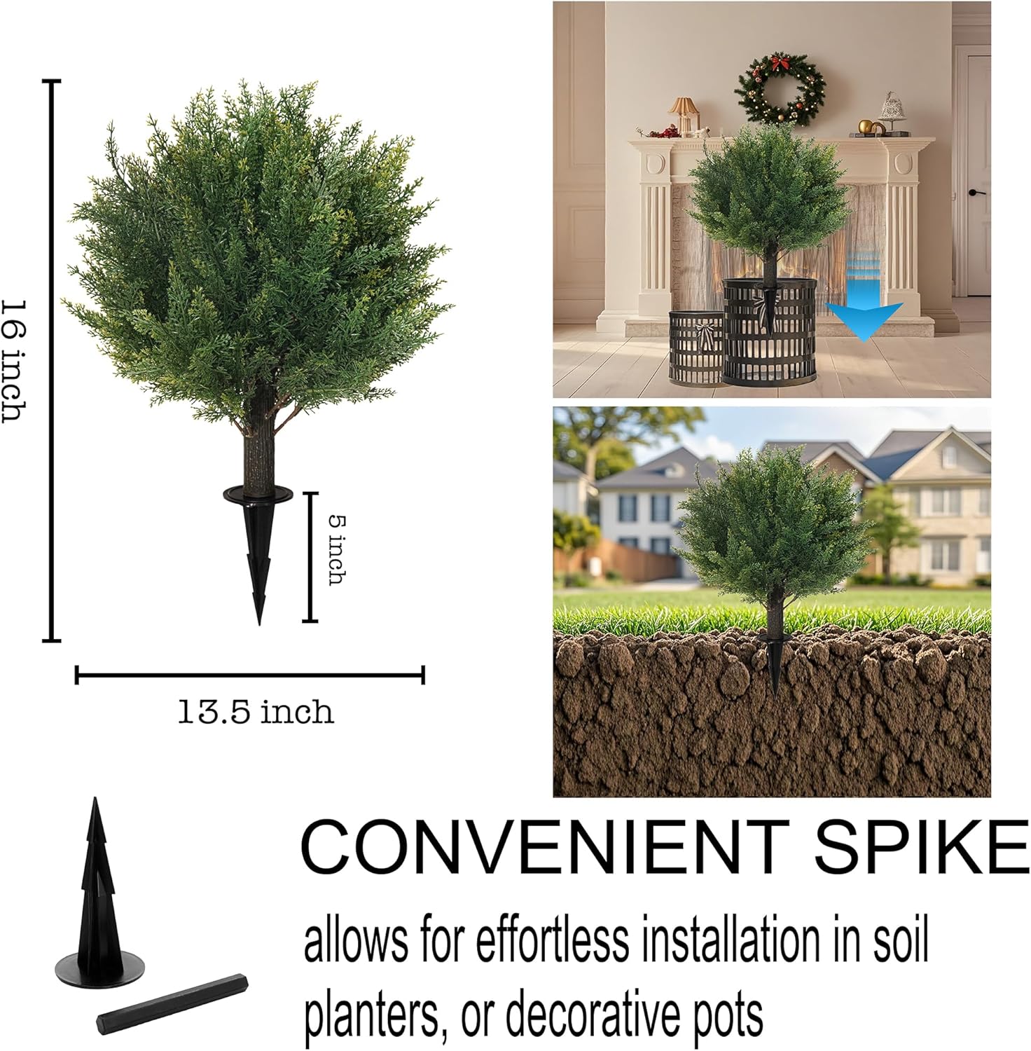 16 Artificial Cedar Topiary Ball Trees with Ground Spike, UV Resistant Artificial Bushes, Set of 2 Faux Cypress Plants Faux Shrubs for Outdoor Indoor Front Porch Garden