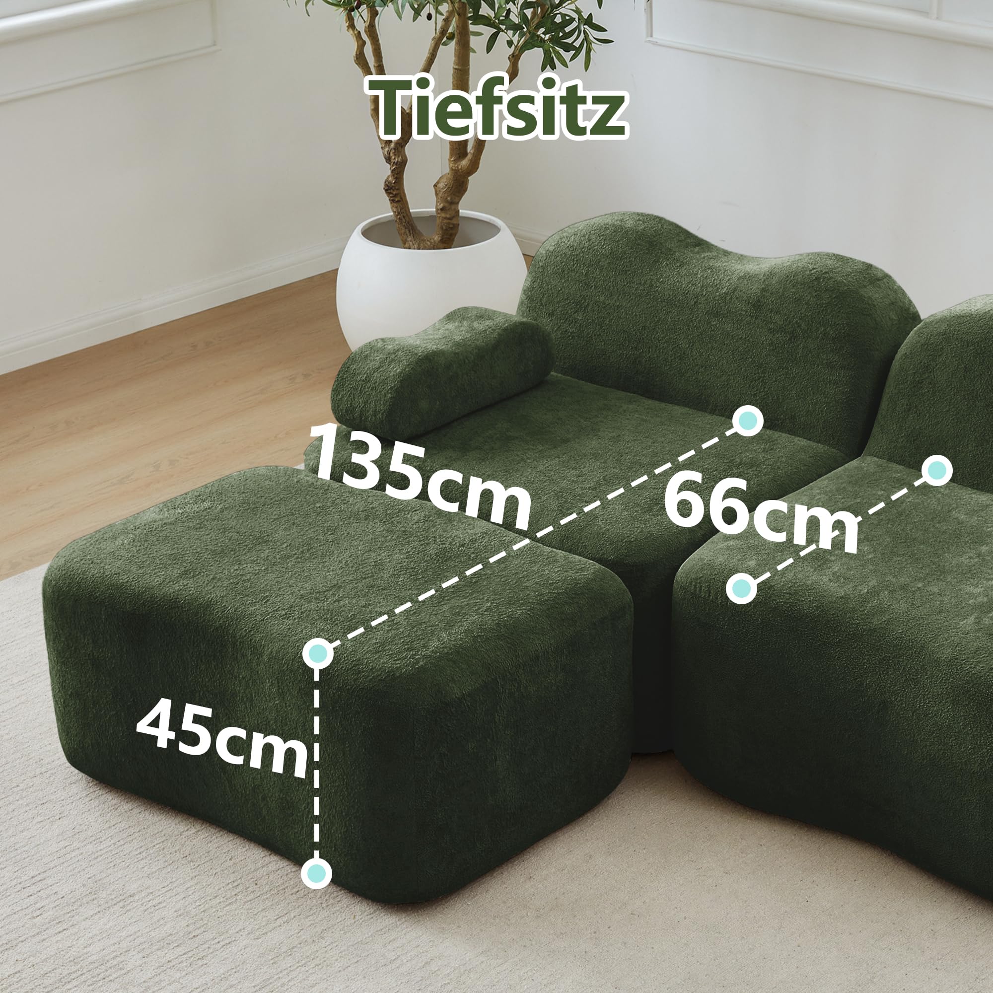 Boneless Sofa 3 Sitzer, Modulares Cloud Sofa ohne Aufbau, Wellenform, 32D Schaum, Tiefe Sitzfläche, Bewegliches Armkissen, für Wohnzimmer, Grün