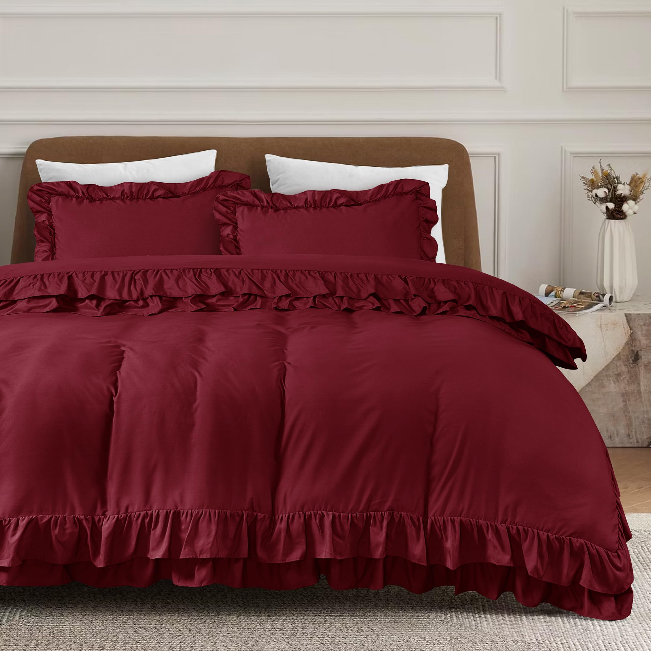QATAN 3 Pieces Ruffle Bedding Set with 2 Pillowcase Frills Duvet Cover with Button Closure Soft Microfiber Duvet Cover Set (Burgundy, Super King)