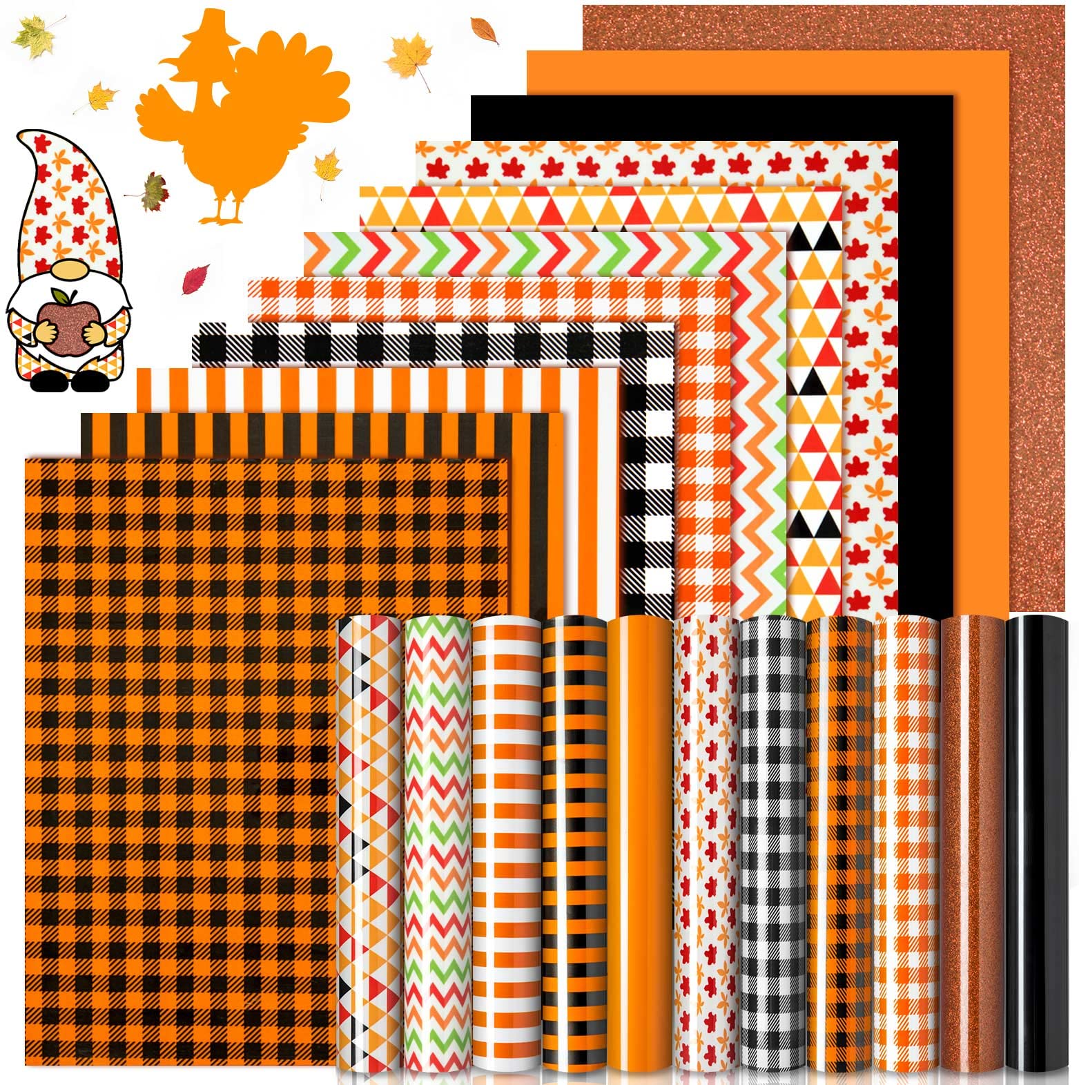 12 Sheets Fall Heat Transfer Vinyl, 12x10 Inch Thaksgiving Orange Plaid Glitter HTV Vinyl Craft, Iron-on Vinyl Stripe Heat Press Vinyls for Cricut DIY Craft Christmas Thanksgiving Decor