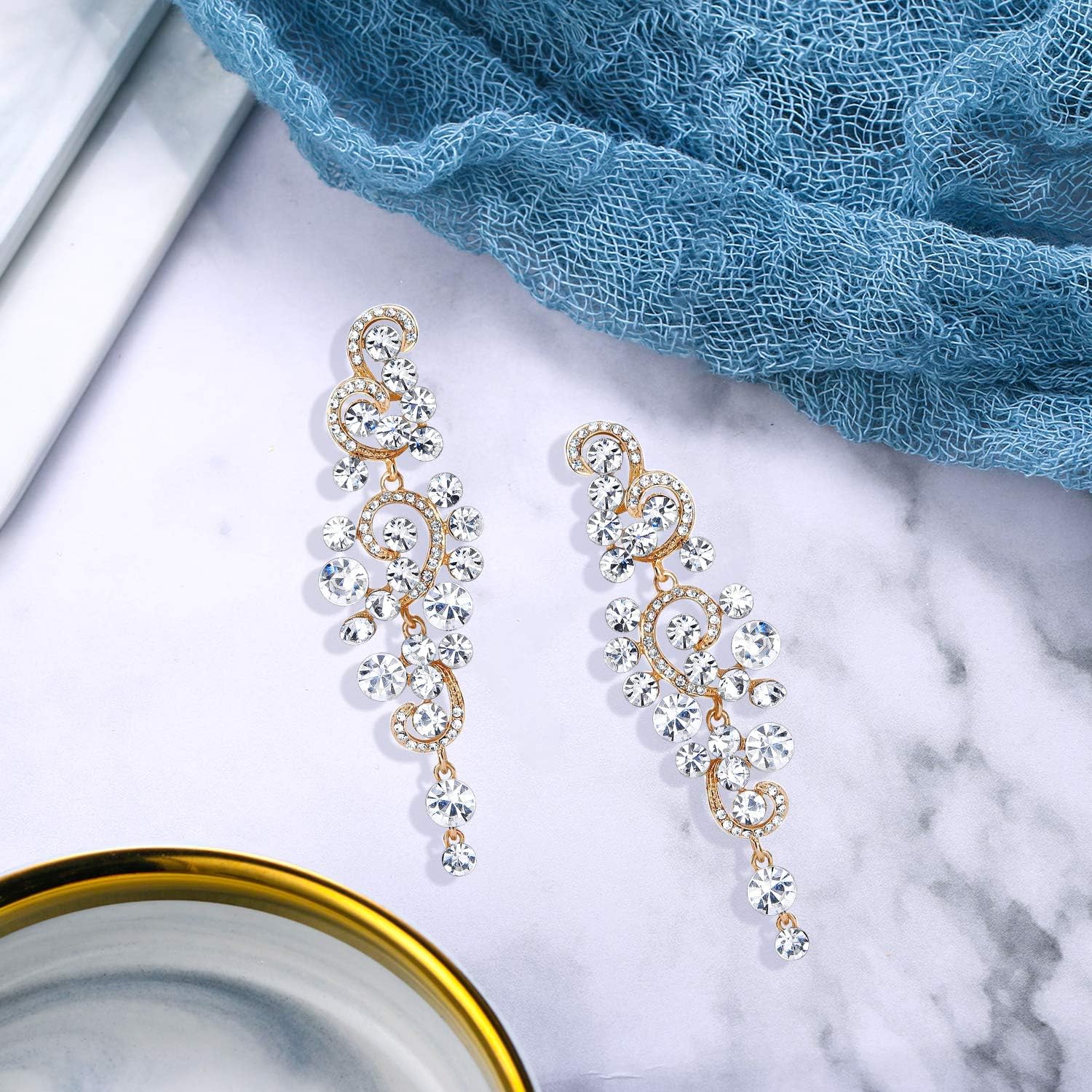 BriLove Women's Bohemian Boho Wedding Bridal Crystal Floral Chandelier Hollow Dangle Earrings - Image 4