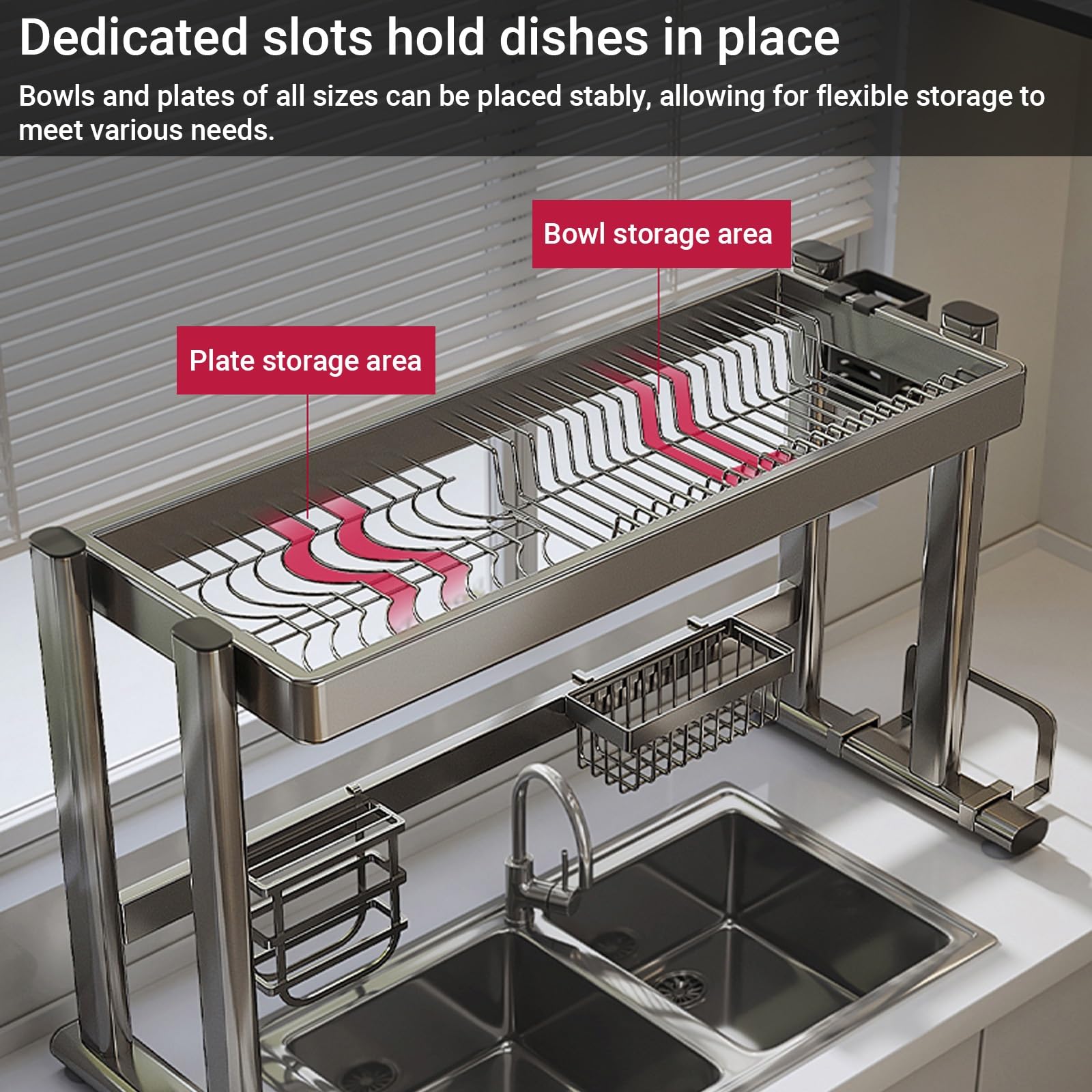 Escurridor de platos para colgar sobre el fregadero, escurridor de platos de doble nivel, organizador de encimera de cocina para platos, vasos, cuencos y cubiertos, ahorra espacio