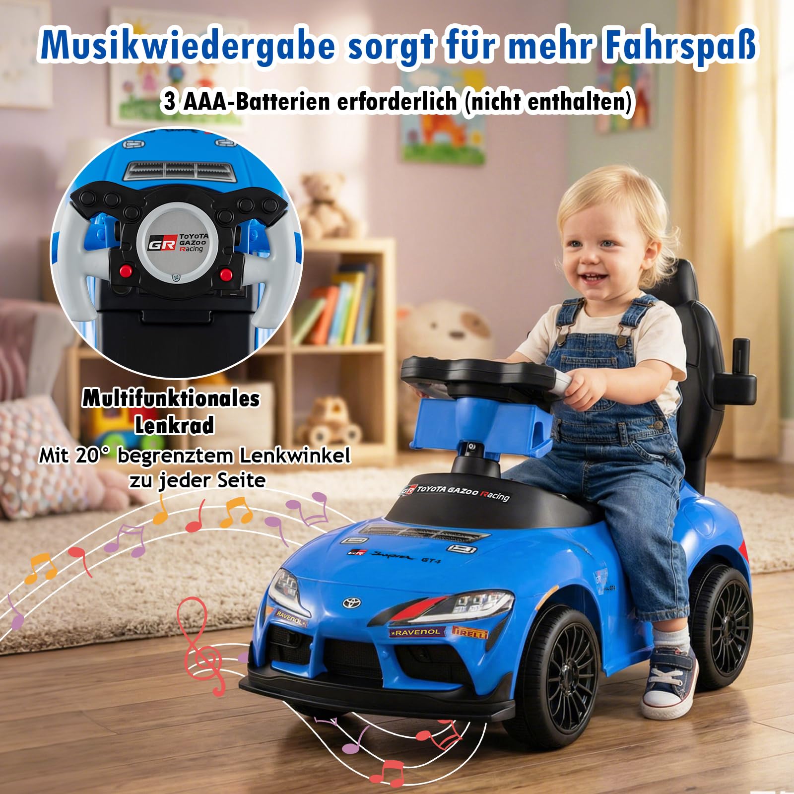 GOPLUS Samochód przesuwny 3 w 1, Toyota z ukrytym schowkiem i muzyką, pojazd ślizgowy z drążkiem przesuwnym, pojazd dziecięcy do użytku wewnątrz i na zewnątrz, dla dzieci w wieku 18-60 miesięcy