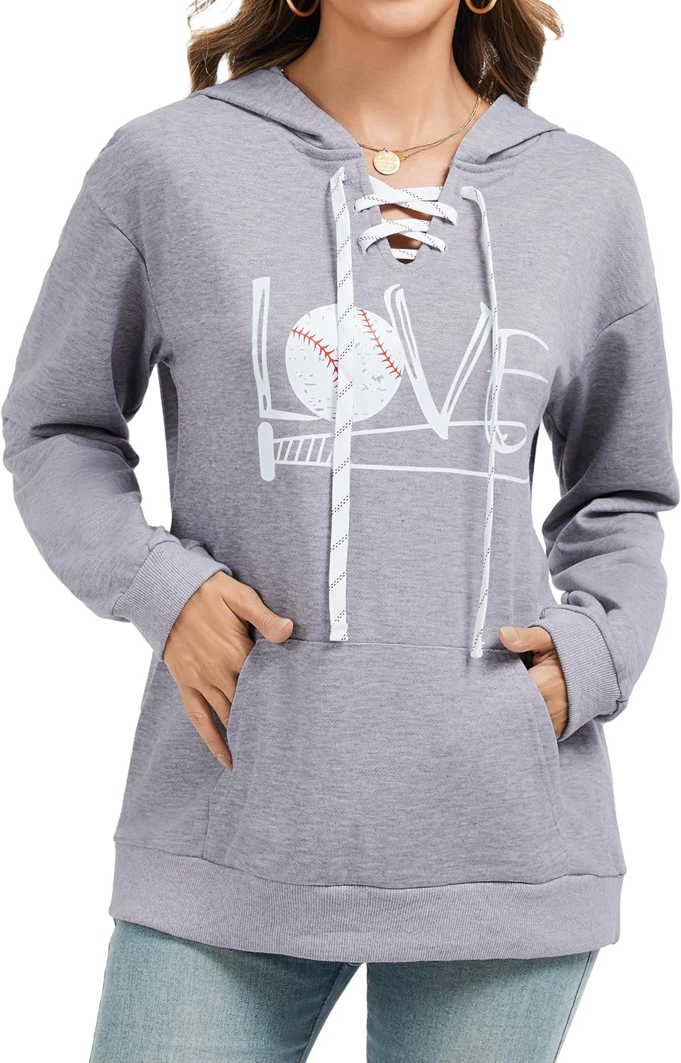 Women's V Neck Long Sleeve Baseball Hoodie Sweatshirt Pullover Loose Mom Shirt - Image 5