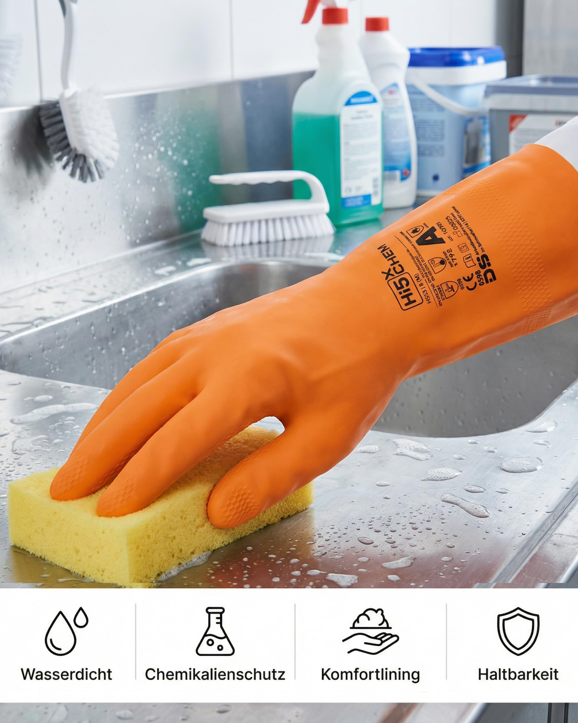 Hi5 X-Chem Chemikalienschutzhandschuhe Typ A – AKLMNPST – Naturkautschuk 0,70 mm – flockgefüttert – Anti-Rutsch – EN 374–1 Typ A & EN 388 – orange (XXL, 12, stück)