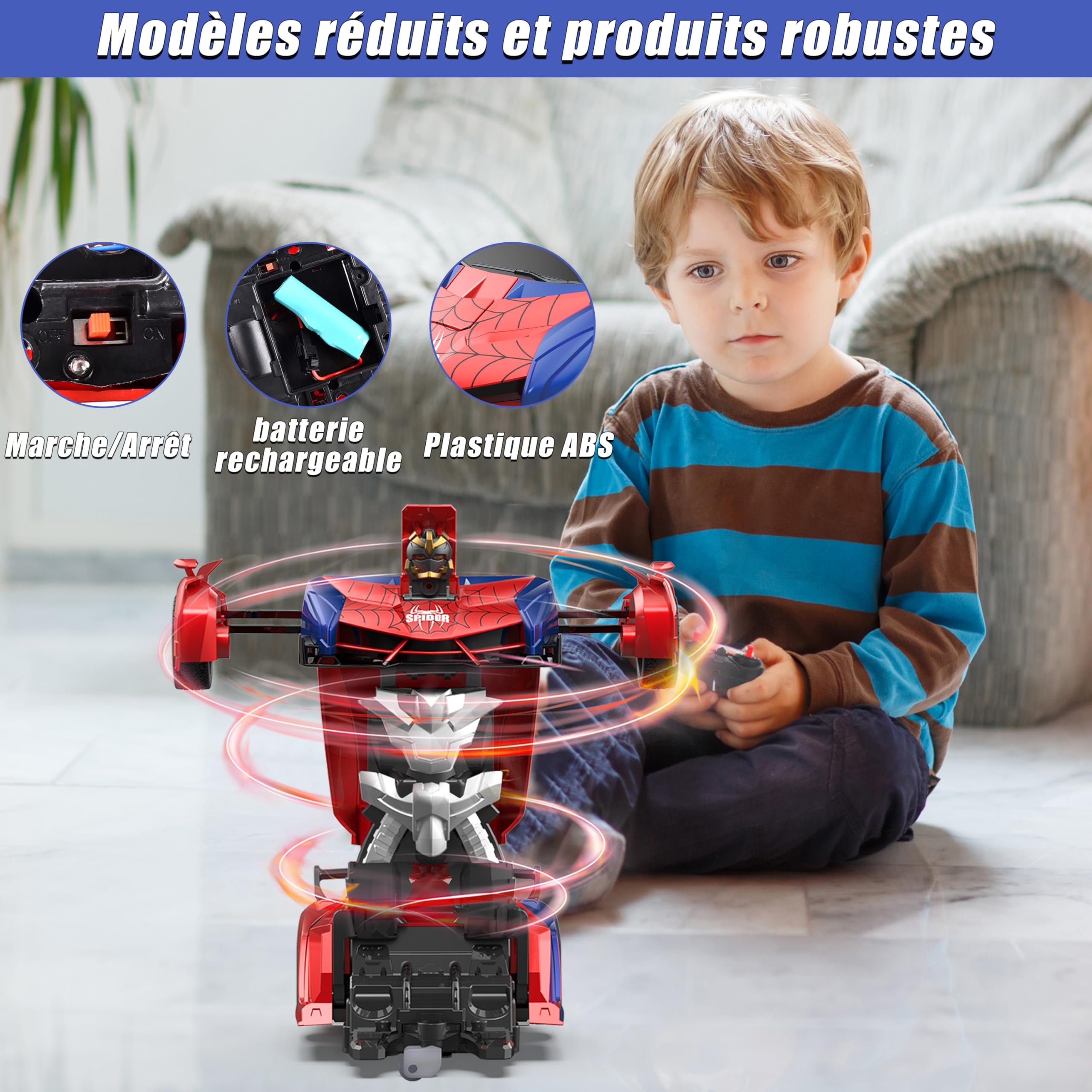 Herefun Transformateur de voiture télécommandée, jouet pour garçons et filles à partir de 8 ans, robot télécommandé, jouet RC avec câble de charge, robot transformateur 2 en 1, pour enfants cadeaux