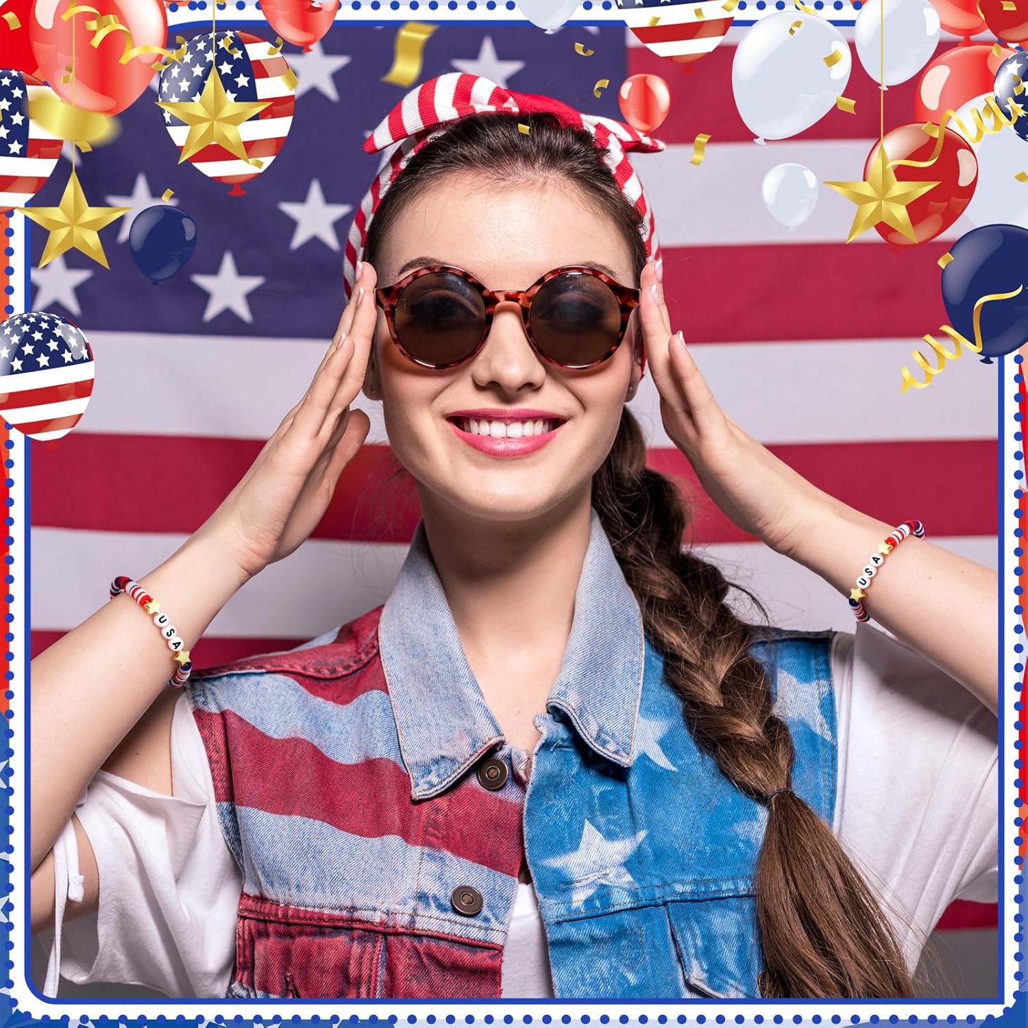 Huquary USA Bracelets Bulk 4th of July Accessories Red White and Blue Polymer Clay Beaded Stretch Bracelets for Women USA Jewelry Independence Day 4th of July Patriotic Party Favors Gifts
